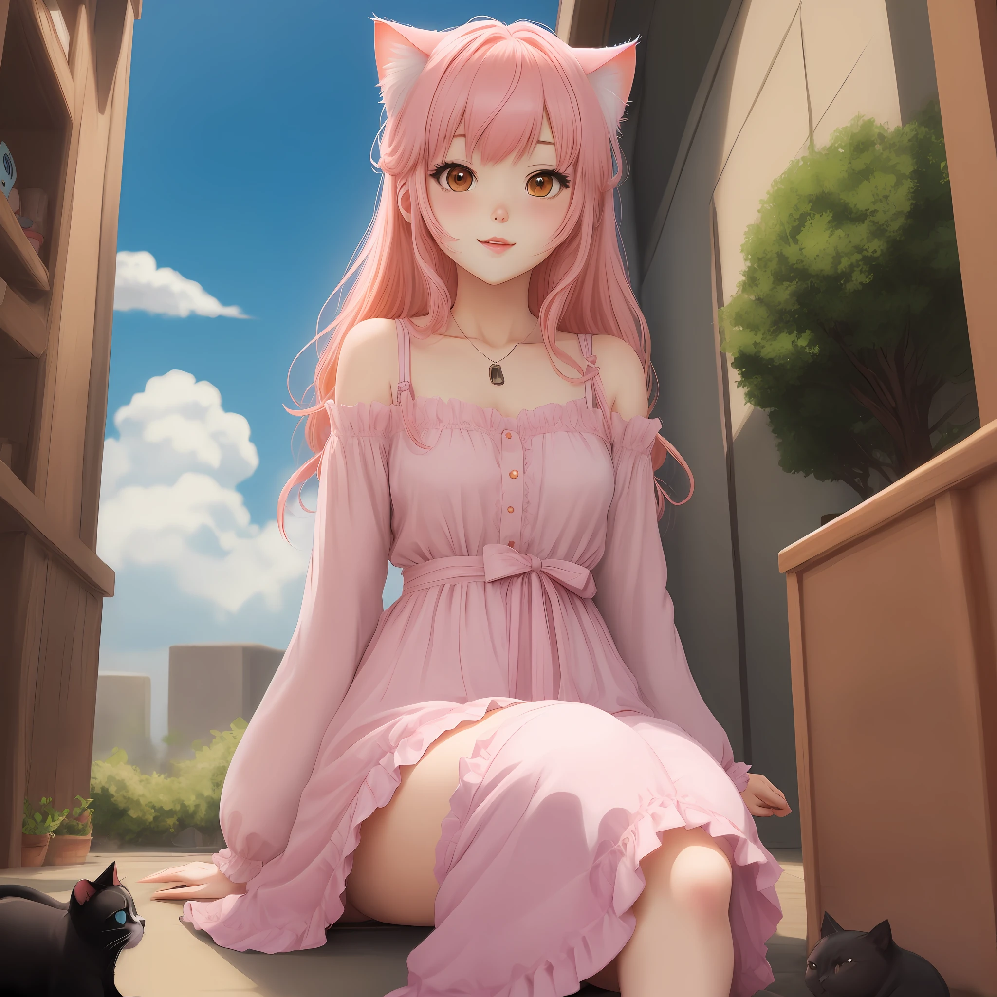 masterpiece,1girl,loli,small breasts,pink hair,longhair,nekomimi,azure blue  eyes,feet,sitting,closed mouth,looking at viewer, sundress,panties, extremely detailed panties, [[(delicate legs and hands,spread legs):0.55]::0.85]