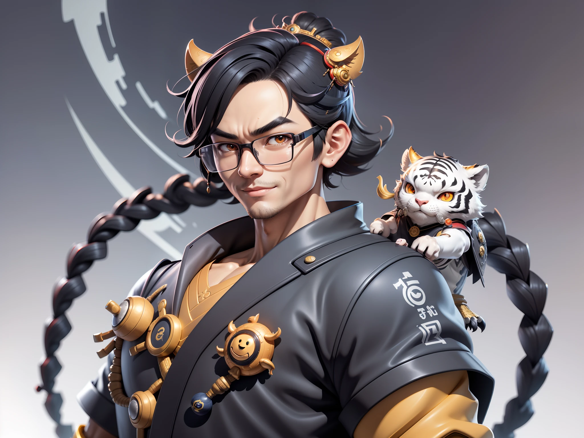 (Masterpiece), (Excellent), (Super Meticulous), (Full Body: 1.2), Super Young Man with Japanese Female Geisha, Pretty, Beautiful, Chinese Dragon, Tiger, Wind God Thor, Sexy, Bursting, Oriental Face, TV Anchor, Bust Portrait Illustration, Black Suit, Blue Tie, Slightly Chubby Face, Silver Glasses, Very Clean Face, No Beard on Chin, Black Super Short Hair, Black Eyes, Confident Smile, 3c Computer Sub-Products, iPad, iPhone, Digital Painting, 3D character design by Mark Clairedon and Pixar and Hayao Miyazaki and Akira Toriyama, the illustrations are HD illustrations in 4K resolution with highly detailed facial features and cartoon-style visuals.