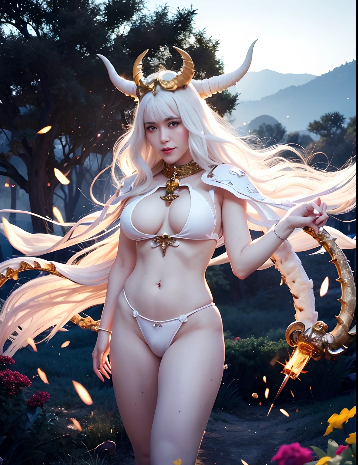 Professional , masterpiece、top-quality、photos realistic , depth of fields 、(White Gemstone Body:1.9),(Matte White、(cleavage of the breast)、Jewel Gold Weapon、Particles of light、Gemstone Body White:1.4),Gorgeous gold weapons ,(( Dragon dense and gorgeous dragon sword)) , (demonic wings) ,warhammer 40k 、((White hair))、(Castle background)、(demonic wings)、((Gangle's forest background))、Beautiful Caucasian beauty、1a person、dynamic ungle,(((Two devil's horns on the head)))、Smaller head、Idle Smile、Thin and beautiful female hands、cleavage of the breast、Mystical expression、Light Effects、intense fighting、Wind-effect、magic circles、With the legendary magic wand、Dragon's tail、White tattoos all over the body、
