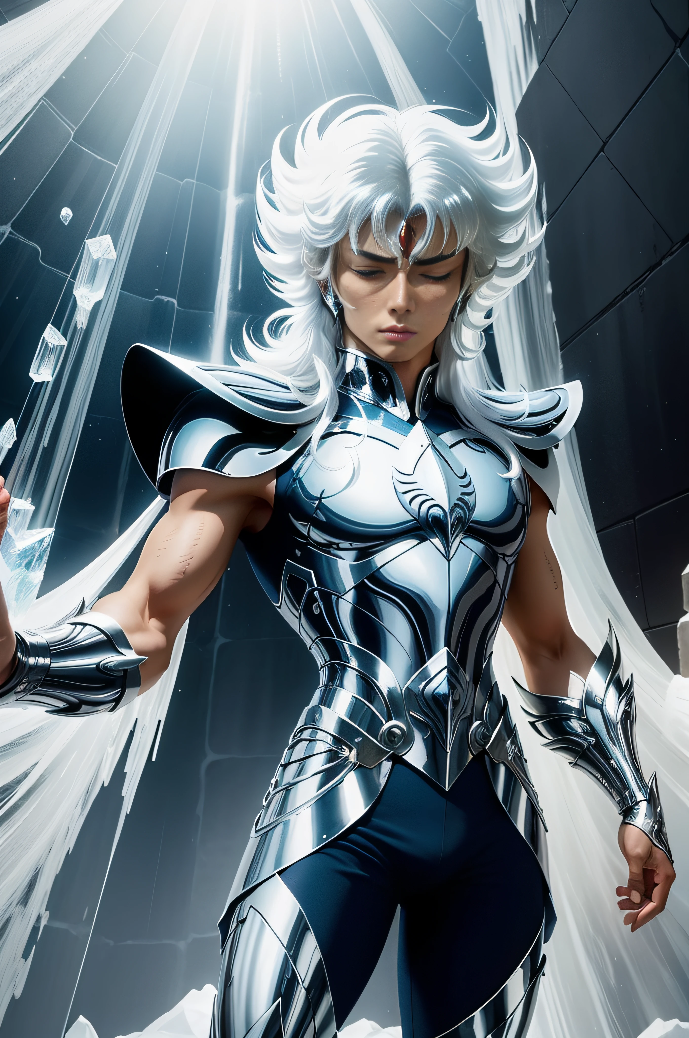 (man), male details, Swan Hyoga, Saint Seiya, he is frozen in a huge ice cube (frozen1.5) in (giant ice inside:1.5), (closed eyes:1.5) static pose, like an ice statue, arms down , semi-transparent ice cube, Knights of the Zodiac, in blue and silver attire, (full vision distance: 1.5) wearing tight blue pants, . unreal engine rendering, portrait, mystical warrior, silver-white-blue full armor, official art. Whole body. Seen from head to toe.