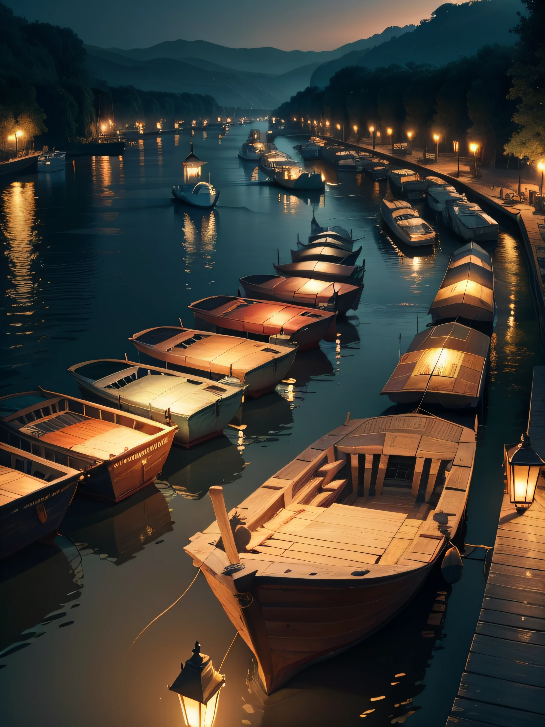 A river full of boats with having lamp