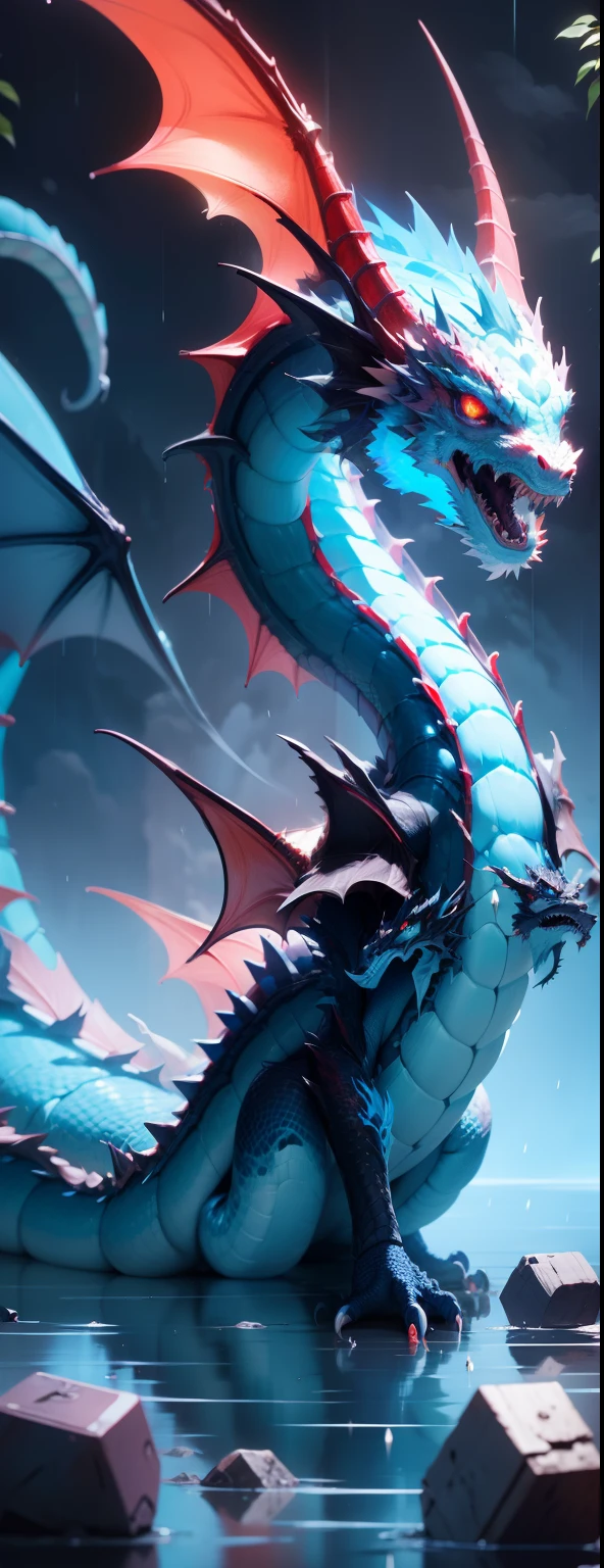 Best quality at best，tmasterpiece，4K，超高分辨率，（The long：1.2），No Man，dark cloude，Red eyes，（Light the horn），with her mouth open，Skysky，Black scales，Cyan hair，(((a Oriental Dragons)))，mostly cloudy sky，Sharp teeth，fly in sky，Rained，dark cloude，black in color，salama