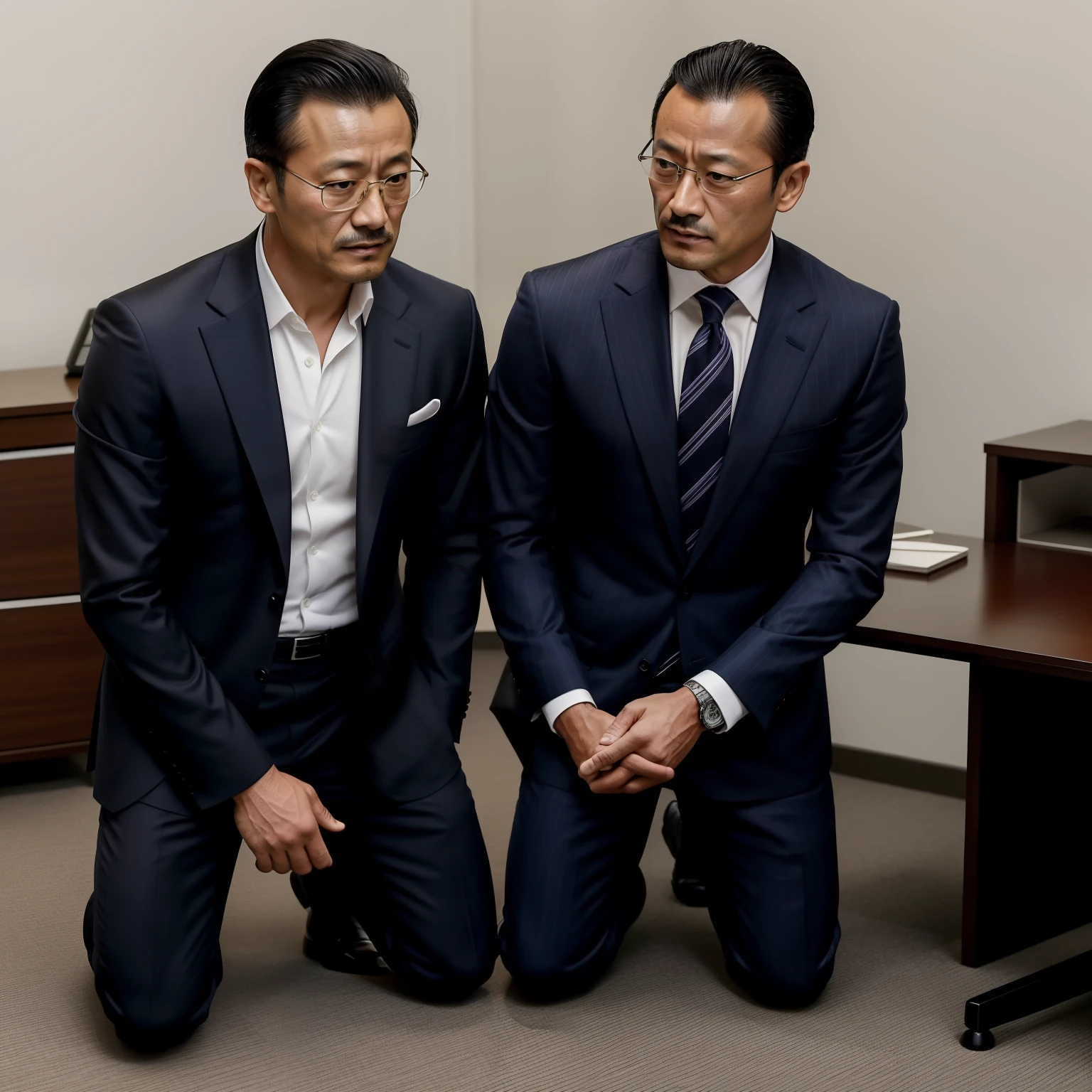 45 yers old，Hidetoshi Nakata ，Kogoro Mouri0.8，office room，The face is well defined，Shirtless，Black socks，little beard， Two muscular men kneel together ，nipple bump，The suit is open