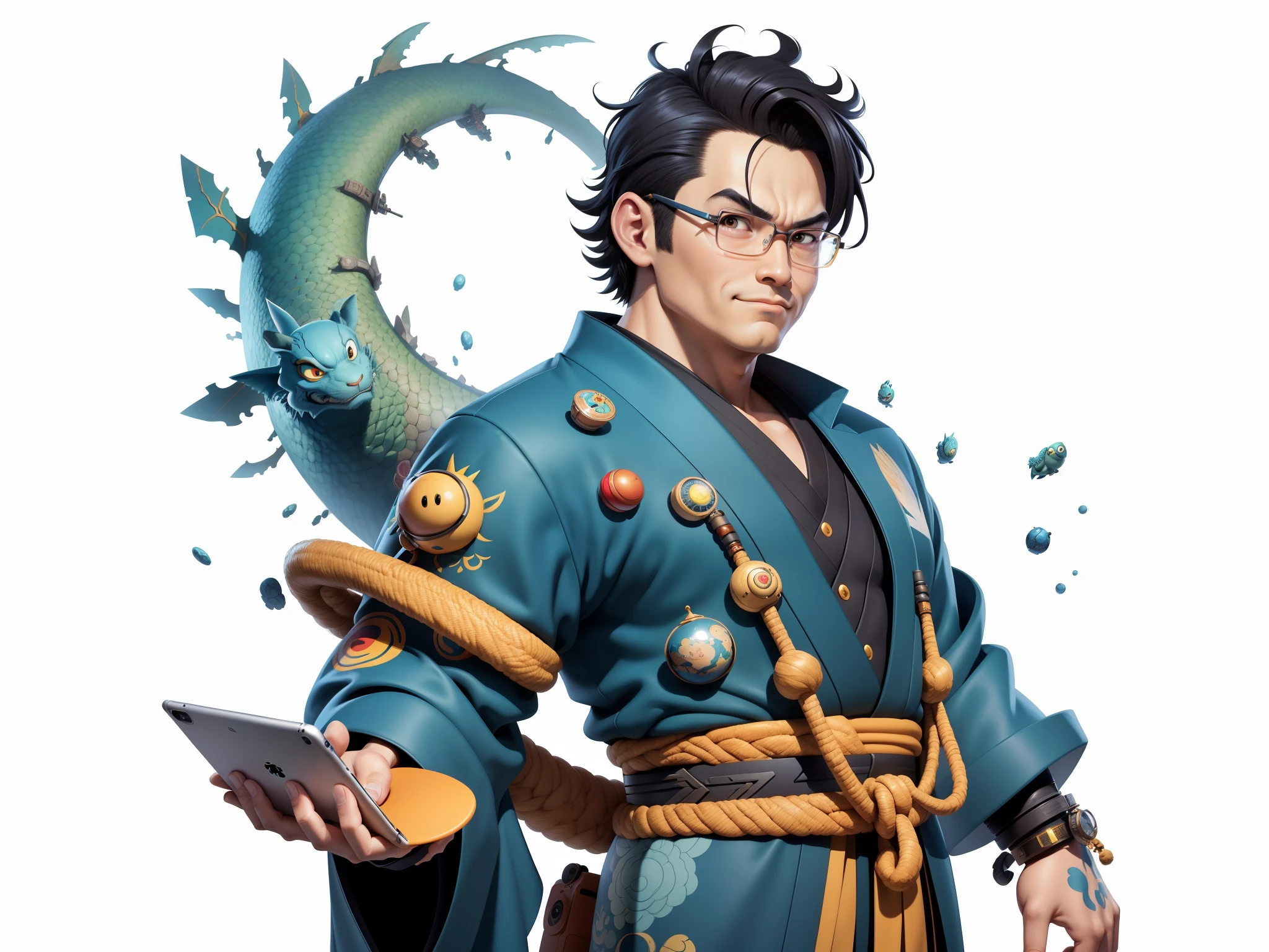 (Masterpiece), (Excellent), (Super Meticulous), (Full Body: 1.2), Super Young Man, Oriental Face, Japanese Kimono, Japanese Wind Thunder God, Dragon, Tiger, TV Anchor, Bust Portrait Illustration, Alone, Black Suit, Blue Tie, Slightly Chubby Face, Very Clean Face, No Beard, Black Super Short Hair, Black Eyes, Confident Smile, 3c Computer Sub-Products, iPad, iPhone, Digital Painting, 3D Character Design by Akira Toriyama and Mark Claireden and Pixar and Hayao Miyazaki, The illustration is a high-definition illustration in 4K resolution with very detailed facial features and cartoon-style visuals.