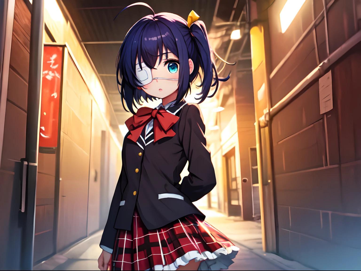 (masterpiece, best quality:1.2), cowboy shot, solo, 1girl, takanashi rikka, expressionless, looking at viewer, arms behind back, one side up, ahoge, blue eyes, medical eyepatch, school uniform, jacket, plaid skirt
