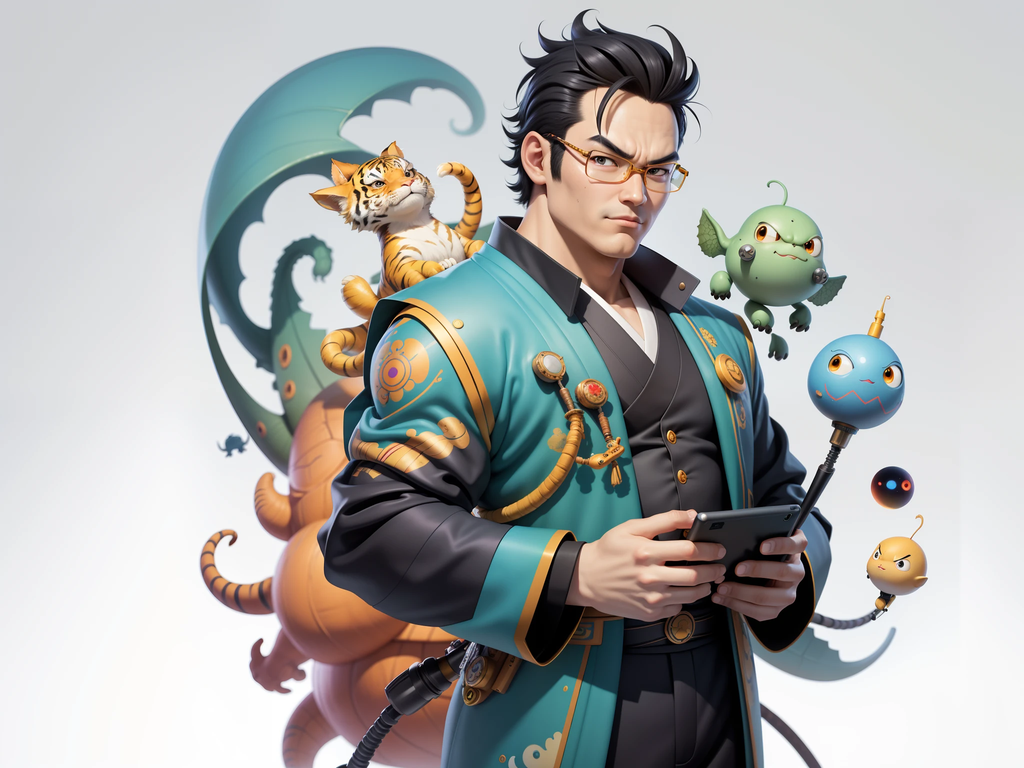 (Masterpiece), (Excellent), (Super Meticulous), (Full Body: 1.2), Super Young Man, Oriental Face, Japanese Kimono, Japanese Wind Thunder God, Dragon, Tiger, TV Anchor, Bust Portrait Illustration, Alone, Black Suit, Blue Tie, Slightly Chubby Face, Very Clean Face, No Beard, Black Super Short Hair, Black Eyes, Confident Smile, 3c Computer Sub-Products, iPad, iPhone, Digital Painting, 3D Character Design by Akira Toriyama and Mark Claireden and Pixar and Hayao Miyazaki, The illustration is a high-definition illustration in 4K resolution with very detailed facial features and cartoon-style visuals.