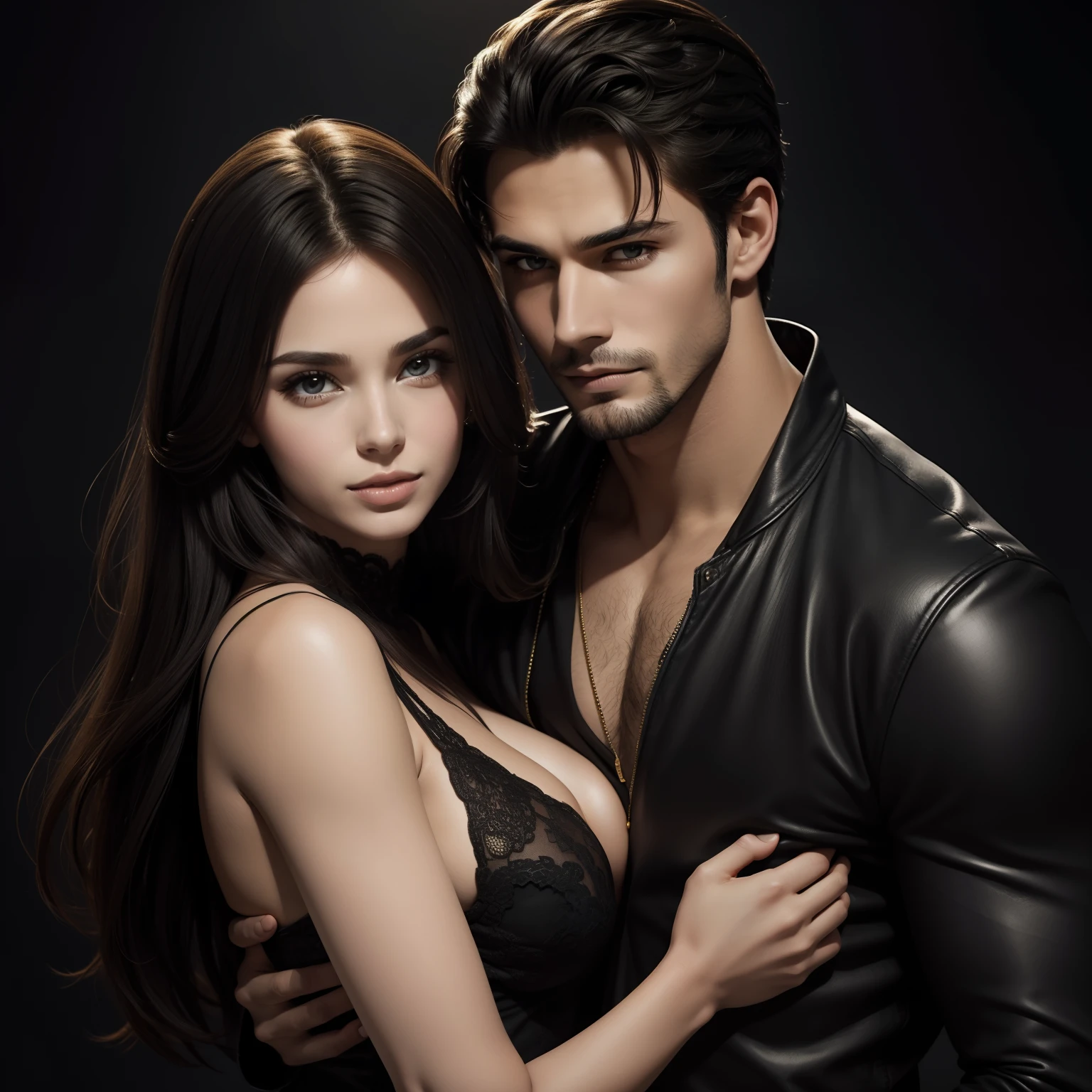 Beautiful woman hugging a handsome man, sexy, olhar sedutor. melhor qualidade. black studio background. The Man is looking straight into the camera.