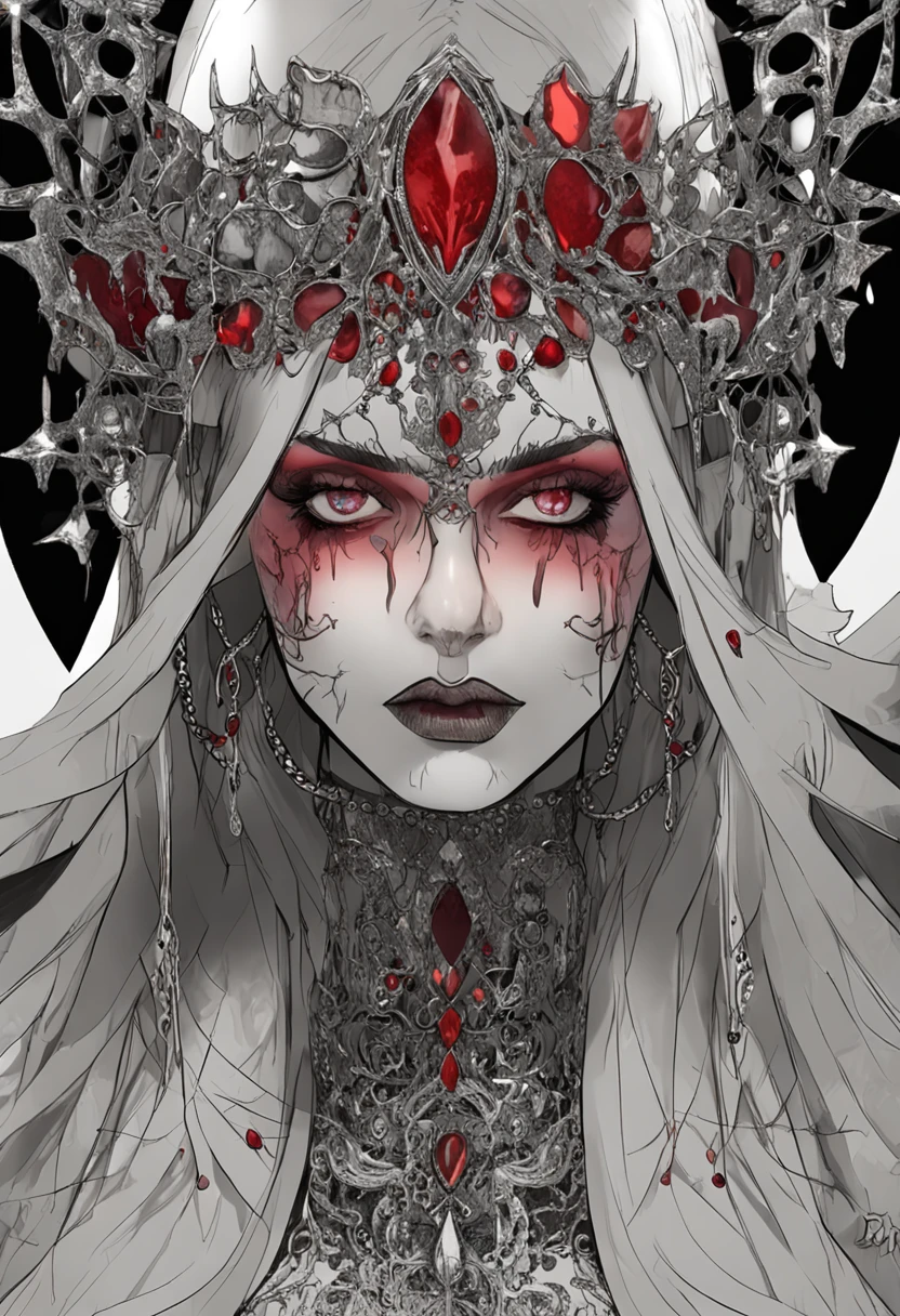 Artistic sense,(Sharp focus:1.1),photo of a vampire queen,((His mouth was covered in blood)),Dress conservatively, Blood drop, blood-soaked hair, ruby tiara, laced dress, Cleavage is seductive, Yellow eyes, dark shadow, intensity, frenzied, 8K, high qulity, intricately details, closeup cleavage, glowing light eyes,symetrical composition