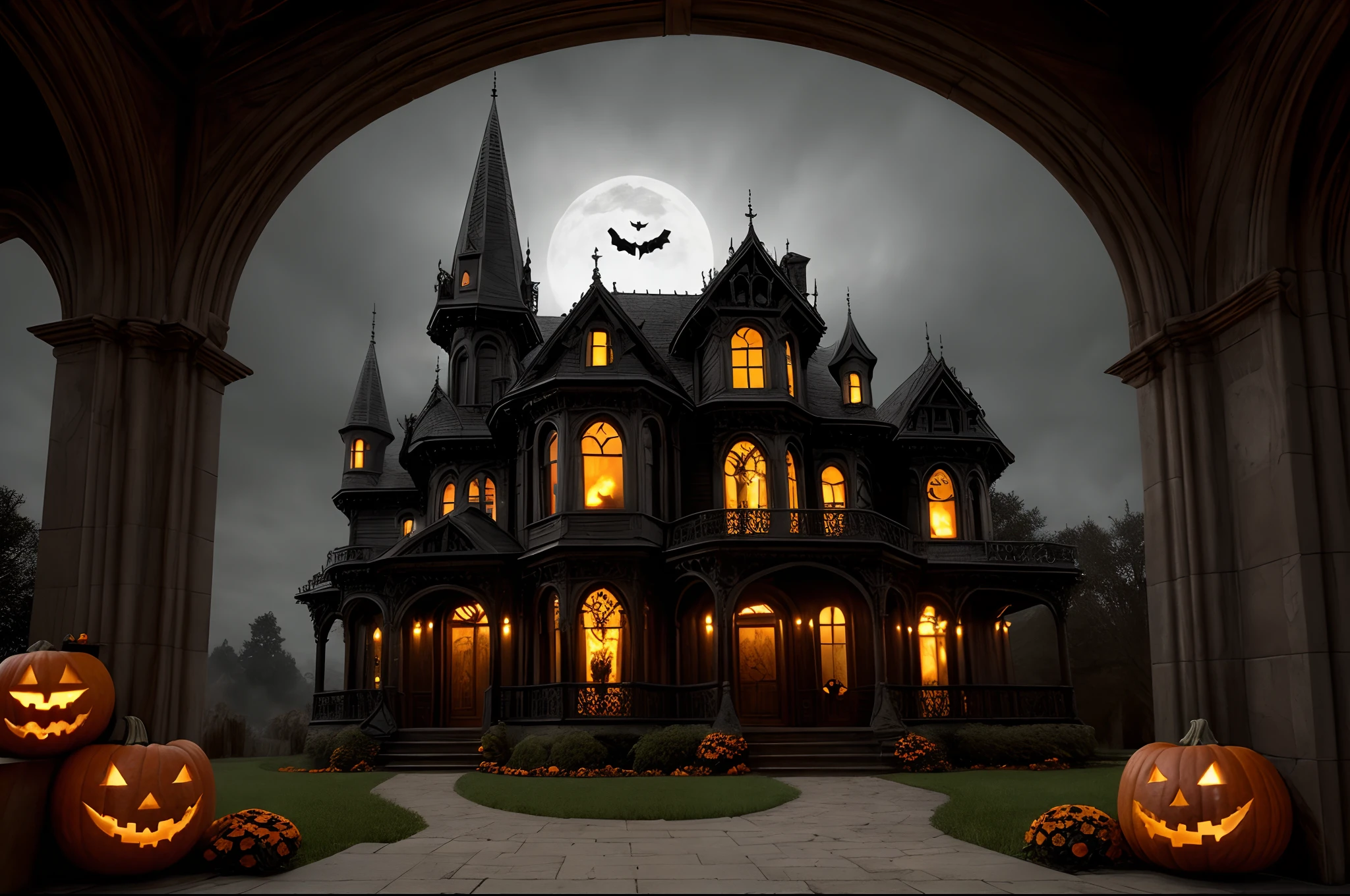 RAW photo, best, masterpiece, best quality, high quality, extremely detailed, a close up of a door with pumpkins and flowers, Halloween scene, dramatic entrance, Halloween theme, hd —h 1024, Halloween art style, door magical, haunted house theme, Halloween atmosphere, by Kristin Nelson, Halloween decorations, ornate retreat, ornately detailed details, by Jaime Jones, old gothic theme, spooky mansion, hauntingly beautiful, Victorian setting,