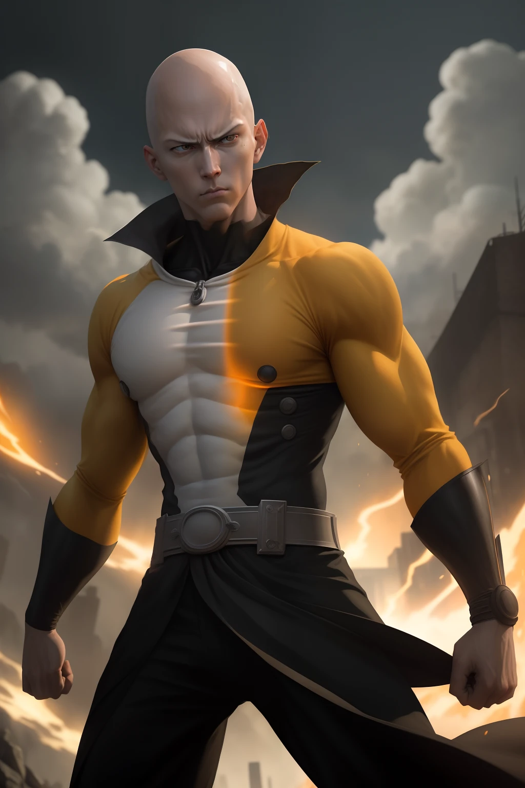 Create a striking image featuring the character Saitama from 'One Punch Man.' Saitama should be portrayed in an aggressive stance, exuding a sense of power and intensity. He should be positioned in the foreground, holding an aggressive look, while the background showcases a vibrant gradient of yellow and orange hues, creating a dynamic and energetic atmosphere. In the distance, a town can be seen, adding depth to the image. The lighting should be balanced throughout the entire scene, ensuring that the character and the background blend seamlessly. To enhance the visual impact, incorporate a subtle shadow ninja vibe, adding an element of mystery and intrigue to the composition."