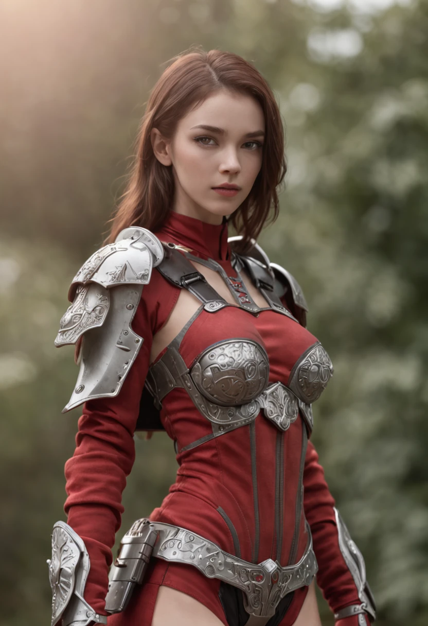(Master Parts), (top-quality), rendered, Realistic, ultra-detailliert, face perfect, perfect bodies, 1 Tape, Beautiful Girl, girl in red armor, Mechanical Armor, exoskeleton, to stand, Legal Pose, Sexy, Looking from behind