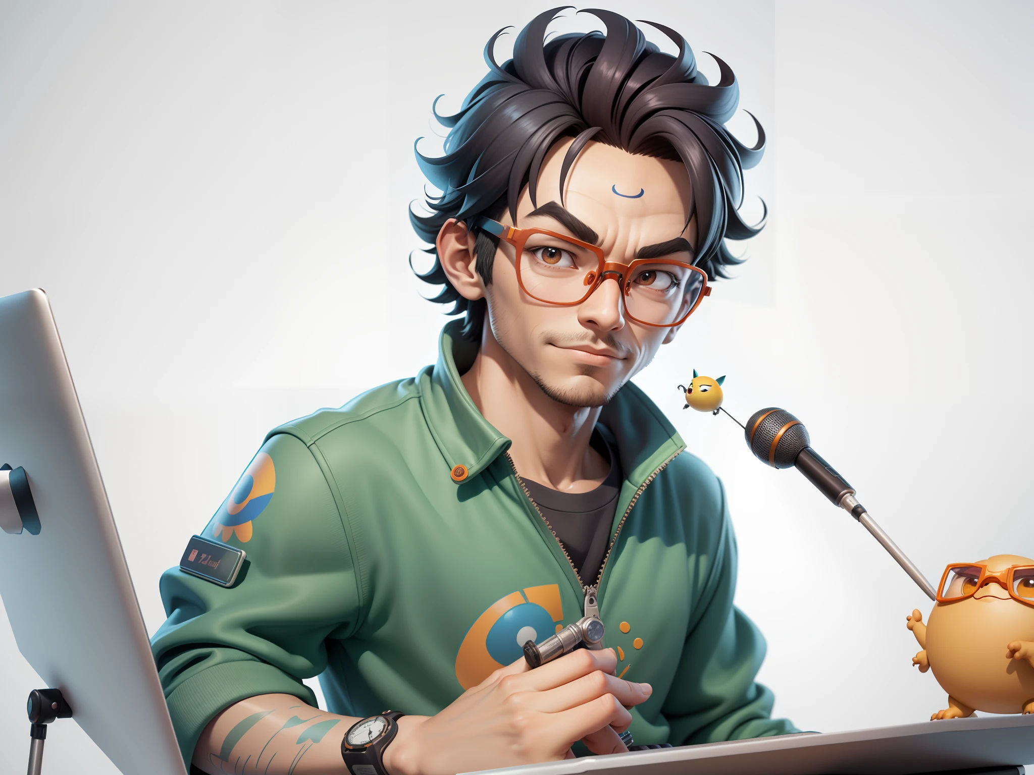 A young man with glasses sits at his desk，holding laptop，digitial painting，3D character design by Mark Clairen and Pixar and Hayao Miyazaki and Akira Toriyama，4K HD illustration，Very detailed facial features and cartoon-style visuals。