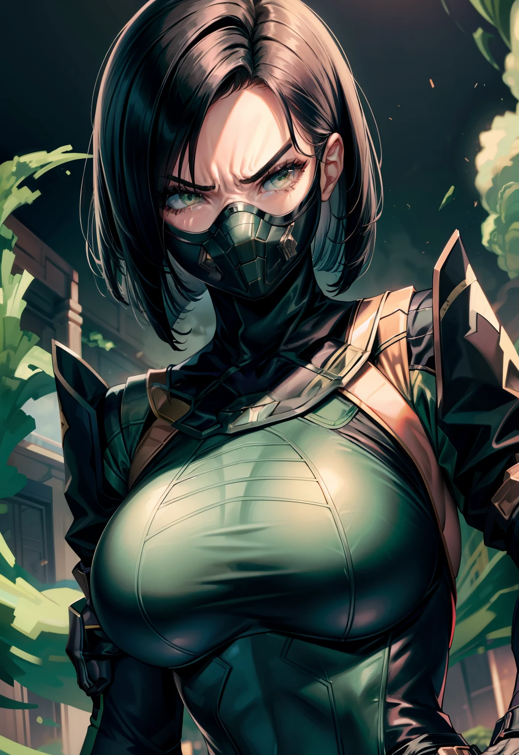 Masterpiece, Best quality,Look at the woman from below ，《Fearless viper》, tightsuit, mitts, belt, thigh boots, respirator, view the viewer, face, Portrait, Close-up, Red-faced，Glowing eyes, green smoke, Black background,huge tit，Raised chest，Close-up of chest，oversized boobs，chest focus，Woman in a swimsuit，angry look，Extremely erotic figure，Staring angrily at the screen，Facing the screen，High-gloss dark style