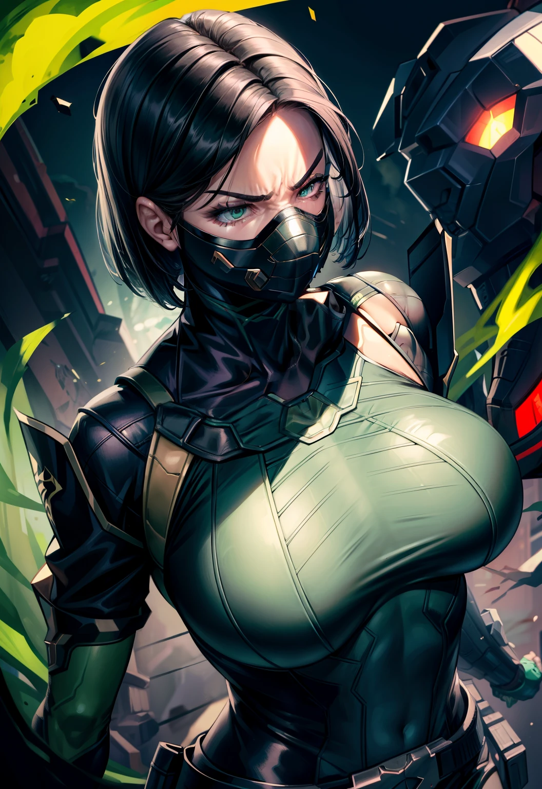 Masterpiece, Best quality,Look at the woman from below ，《Fearless viper》, tightsuit, mitts, belt, thigh boots, respirator, view the viewer, face, Portrait, Close-up, Red-faced，Glowing eyes, green smoke, Black background,huge tit，Raised chest，Close-up of chest，oversized boobs，chest focus，Woman in a swimsuit，angry look，Extremely erotic figure，Staring angrily at the screen，Facing the screen，High-gloss dark style