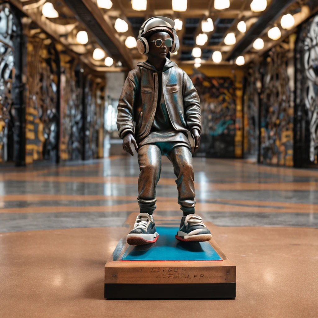 Detailed three-dimensional sculpture, Depicting a life-size skateboarding boy. He was wearing a skateboard suit,A skateboard is tucked under his arm。, When listening to Christian music on headphones. The sculpture is set in an urban environment,Combines elements of a skate park with the architectural details of the Catholic Church. The surface is rich in detail, Capture the texture of your clothes, The expression on the boy's face and the decorations in the church. The atmosphere is unique, Combine skateboarding culture with spirituality. The sculpture is carved from wood and metal, Combining traditional and modern technology,Create impressive works in three-dimensional space. --AR 16:9 --V 5