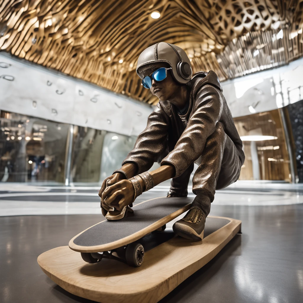 Detailed three-dimensional sculpture, Depicting a life-size skateboarding boy. He was wearing a skateboard suit,A skateboard is tucked under his arm。, When listening to Christian music on headphones. The sculpture is set in an urban environment,Combines elements of a skate park with the architectural details of the Catholic Church. The surface is rich in detail, Capture the texture of your clothes, The expression on the boy's face and the decorations in the church. The atmosphere is unique, Combine skateboarding culture with spirituality. The sculpture is carved from wood and metal, Combining traditional and modern technology,Create impressive works in three-dimensional space. --AR 16:9 --V 5