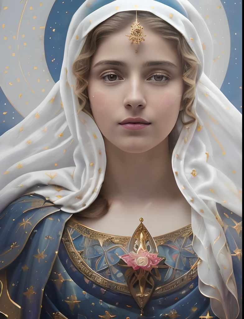 (((Saint Virgin Mary. 19 years olinetic style))) ((( Con una cara seria y piadosa. Con una mirada dulce y tierna))) (obra maestra, calidad superior, mejor calidad, arte oficial, beautiful and aesthetic: 1.2), (1girl), extremadamente detallado, (Arte fractal: 1.3), colorido, highest detailed, Cara perfecta, parte superior del cuerpo, HDR, (orando: 1.3), (golden lines of white coat: 1.2), galaxia, (rayas de luz), eye-catching visuals, (dynamic stripes, senderos luminosos: 1.2), colores vibrantes,