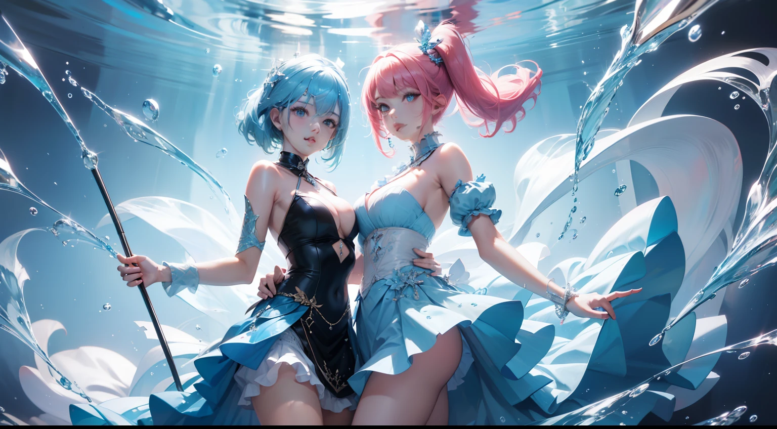 ((((Water racket)))),2girls,(Large breasts),Transparent top,Superskirt,Best quality at best,rich details,hyper HD,32K,Top photography