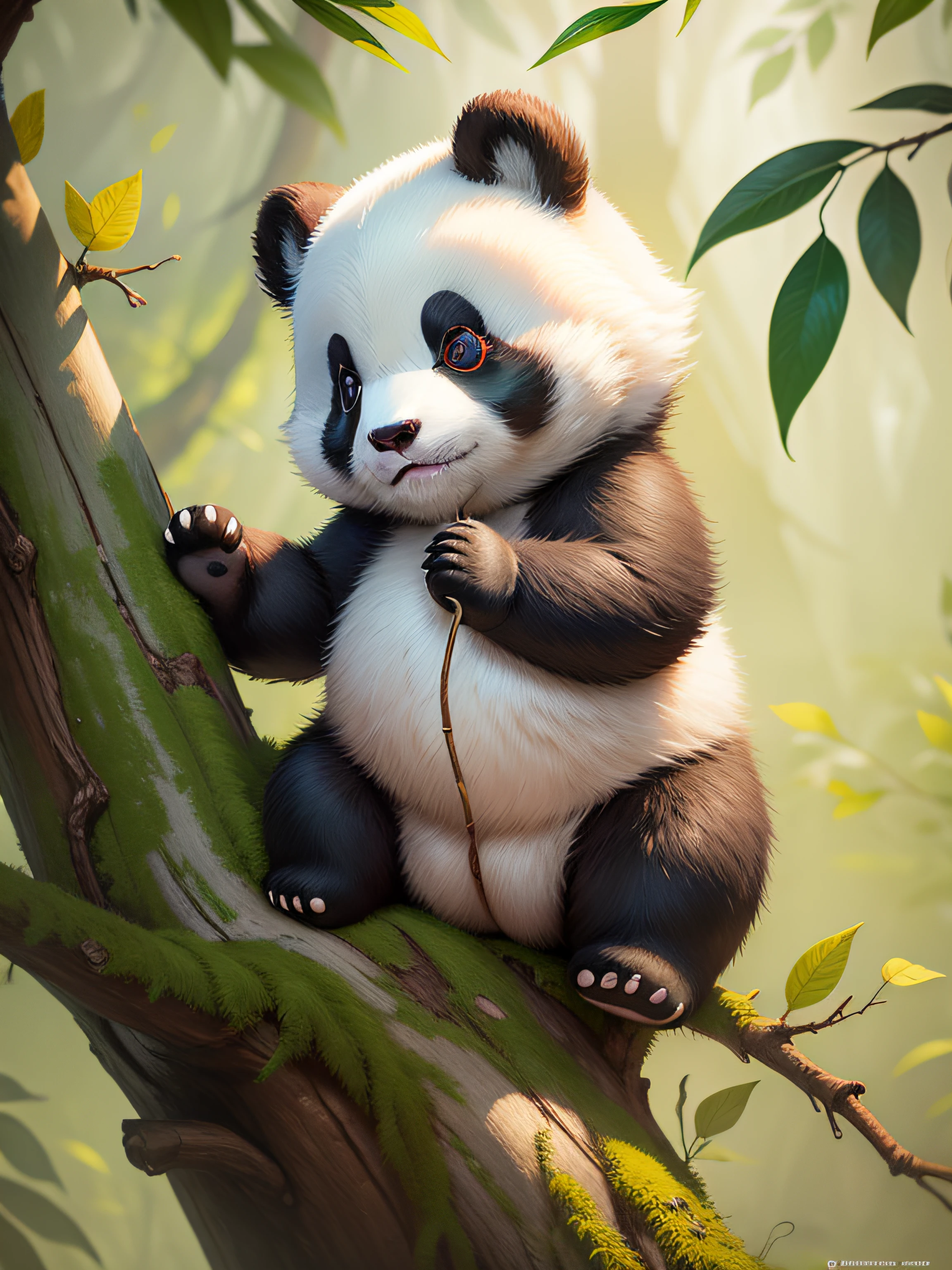 Little cute panda playing  with bambo tree