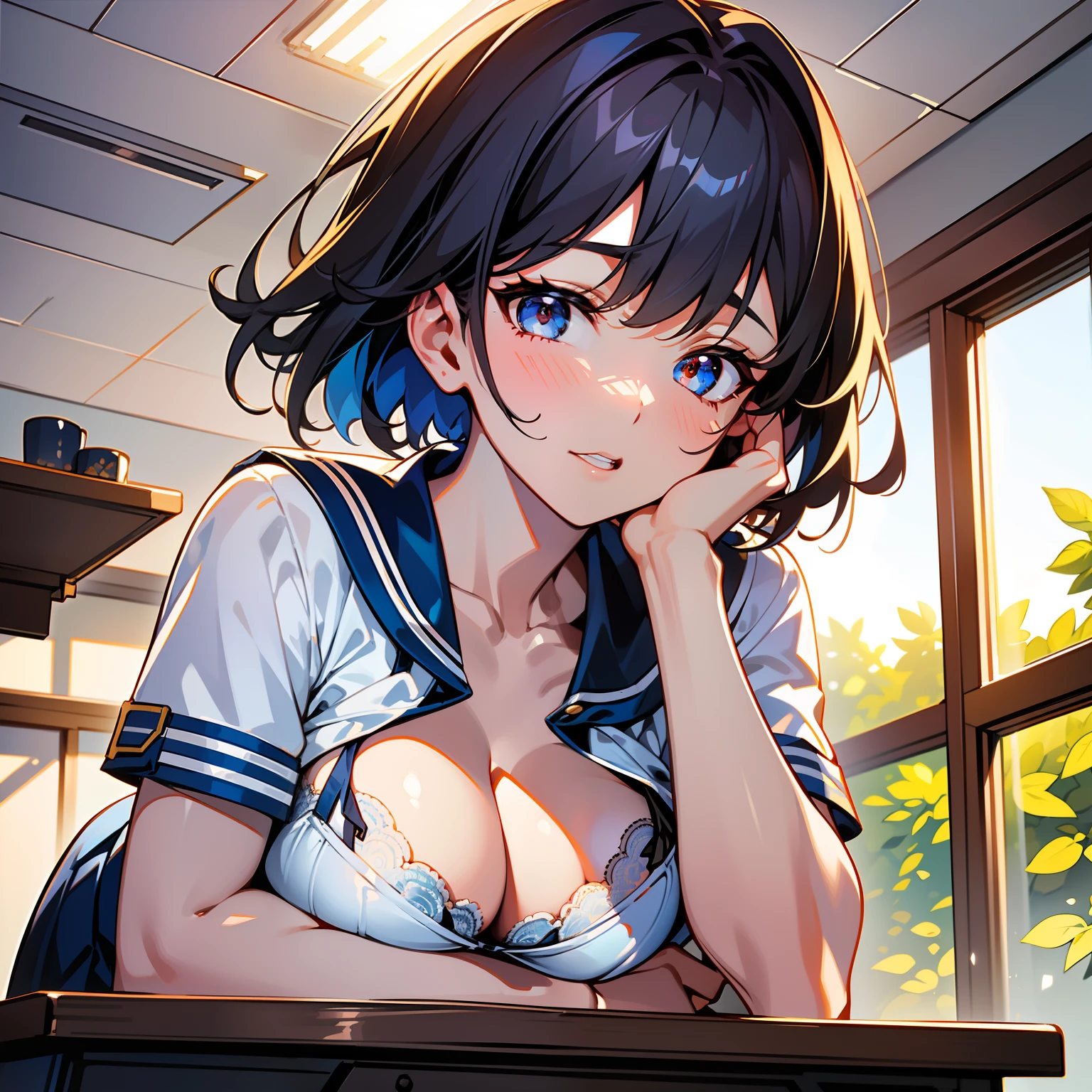 Blue-orange curls are curved inward,It belongs to short-haired,There is a strong sense of freshness and freshness,girl with,serafuku, hands on one's face, Elbows on the desk, Sit up, Classroom, sunlights, window, see the beholder, Iki face, Teeth are coming out, I can see the cleavage:1.2, The finest lace beige underwear, Best Quality,Ultra-detailed, High resolution, extremely details CG, Unity 8k壁纸, Official art, production art, novel illustration, by famous artist, Caustics, textile shading, super detailed skin, Perfect Anatomy, Detailed, Cinematic lighting, Dynamic lighting, Beautiful detailed eyes, (top-quality), (ultra-detailliert), (masuter piece), (hight resolution), (Original), Character Design, Game CG, Detailed Manga Illustration, Realistic head-to-body size ratio:1.2