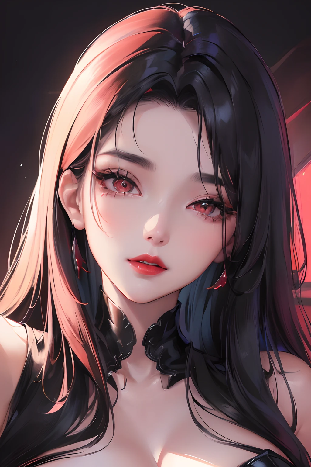 official art, masterpiece, sharp focus, (beautiful gorgeous cute Korean woman:1.3), (beautiful cute korean:1.3), korean beauty, Delicate and beautiful hair and eyes and face, realistic, ultra detailed, beautiful girl, glow white particle, (sidelighting:1.2), very large hips,  scenery, long straight hair, sexy facial expression, dynamic hair, long straight hair, detailed black long hair, glow red eyes, sexy, in the dark, deep shadow, low key, cold light, dynamic light, cinematic lighting, cinematic lighting, mature woman, face closeup, face detail, red lips detail, scorpio girl, scorpio girl zodiac, scorpio sign as a tatto, very detail eyes, detail faces, face detail, detail, utra detail, very detail, highly detail,