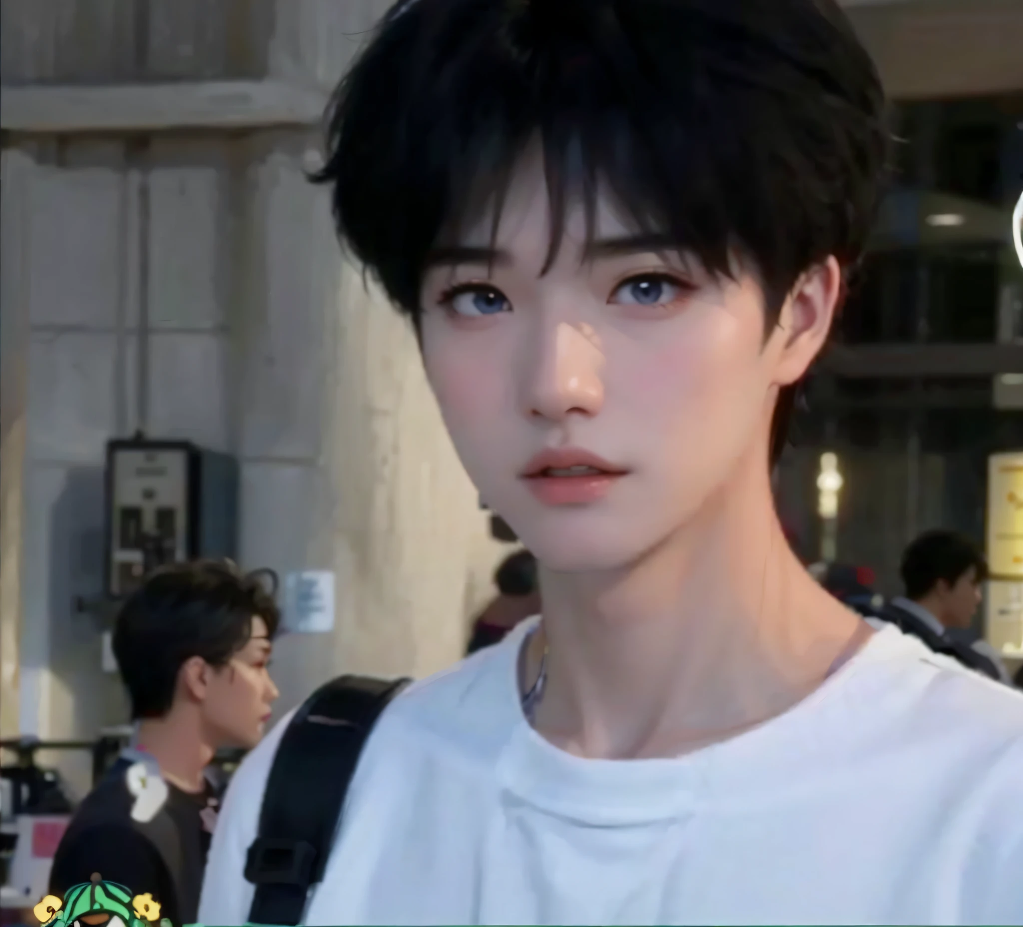 Arafard image of a man with a backpack and a white shirt, 1 7 - - old thin face, wan adorable korean face, he has an elongated head shape, Cai Xukun, Kim Do-young, South Korean male, yanjun cheng, young wan angel, Inspired by Bian Shoumin, Shin Jinying, jung jaehyun, jinyoung shin aesthetic