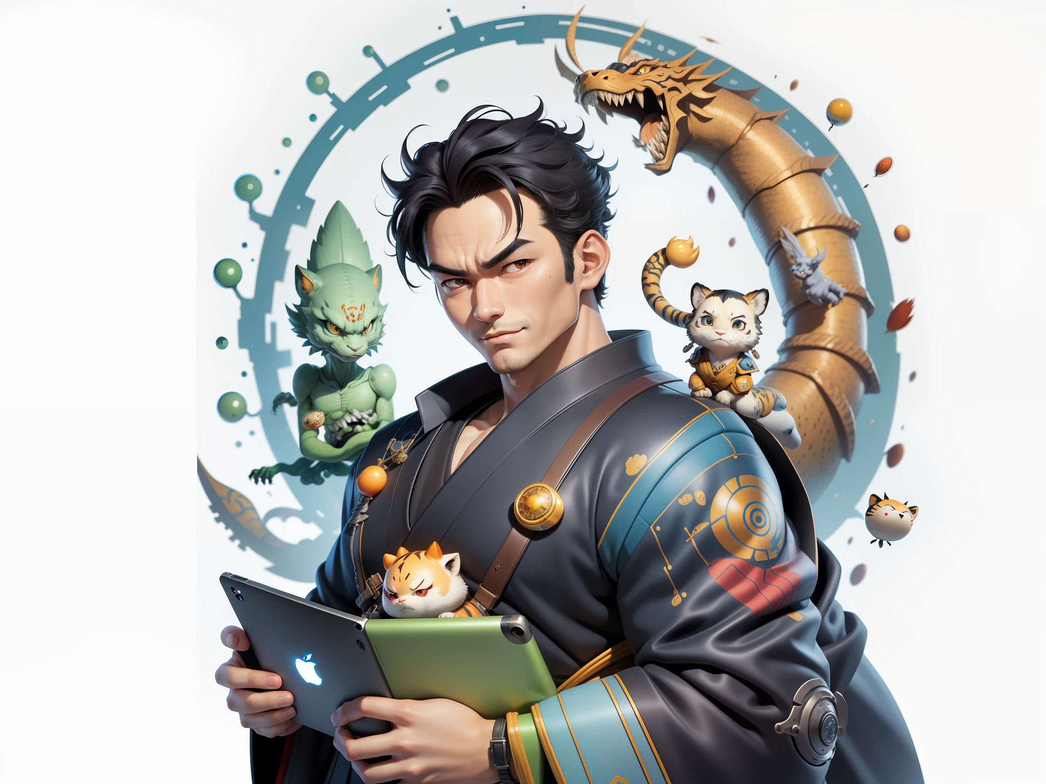 (Masterpiece), (Excellent), (Super Meticulous), (Full Body: 1.2), Super Young Man, Oriental Face, Japanese Kimono, Japanese Wind Thunder God, Dragon, Tiger, TV Anchor, Bust Portrait Illustration, Alone, Black Suit, Blue Tie, Slightly Chubby Face, Very Clean Face, No Beard, Black Super Short Hair, Black Eyes, Confident Smile, 3c Computer Sub-Products, iPad, iPhone, Digital Painting, 3D Character Design by Akira Toriyama and Mark Claireden and Pixar and Hayao Miyazaki, The illustration is a high-definition illustration in 4K resolution with very detailed facial features and cartoon-style visuals.