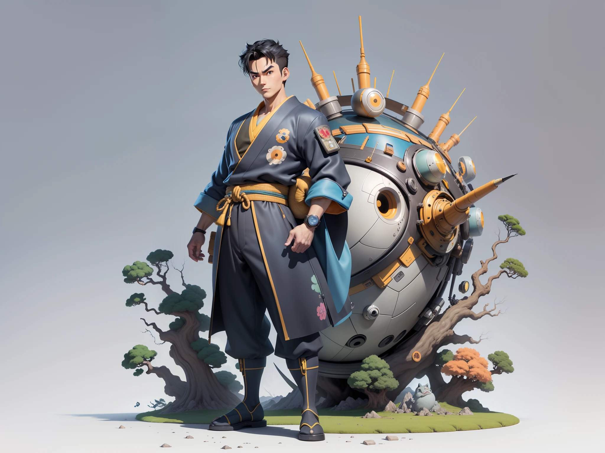 (Masterpiece), (Excellent), (Super Meticulous), (Full Body: 1.2), Super Young Man, Oriental Face, Japanese Kimono, Japanese Wind Thunder God, Dragon, Tiger, TV Anchor, Bust Portrait Illustration, Alone, Black Suit, Blue Tie, Slightly Chubby Face, Very Clean Face, No Beard, Black Super Short Hair, Black Eyes, Confident Smile, 3c Computer Sub-Products, iPad, iPhone, Digital Painting, 3D Character Design by Akira Toriyama and Mark Claireden and Pixar and Hayao Miyazaki, The illustration is a high-definition illustration in 4K resolution with very detailed facial features and cartoon-style visuals.