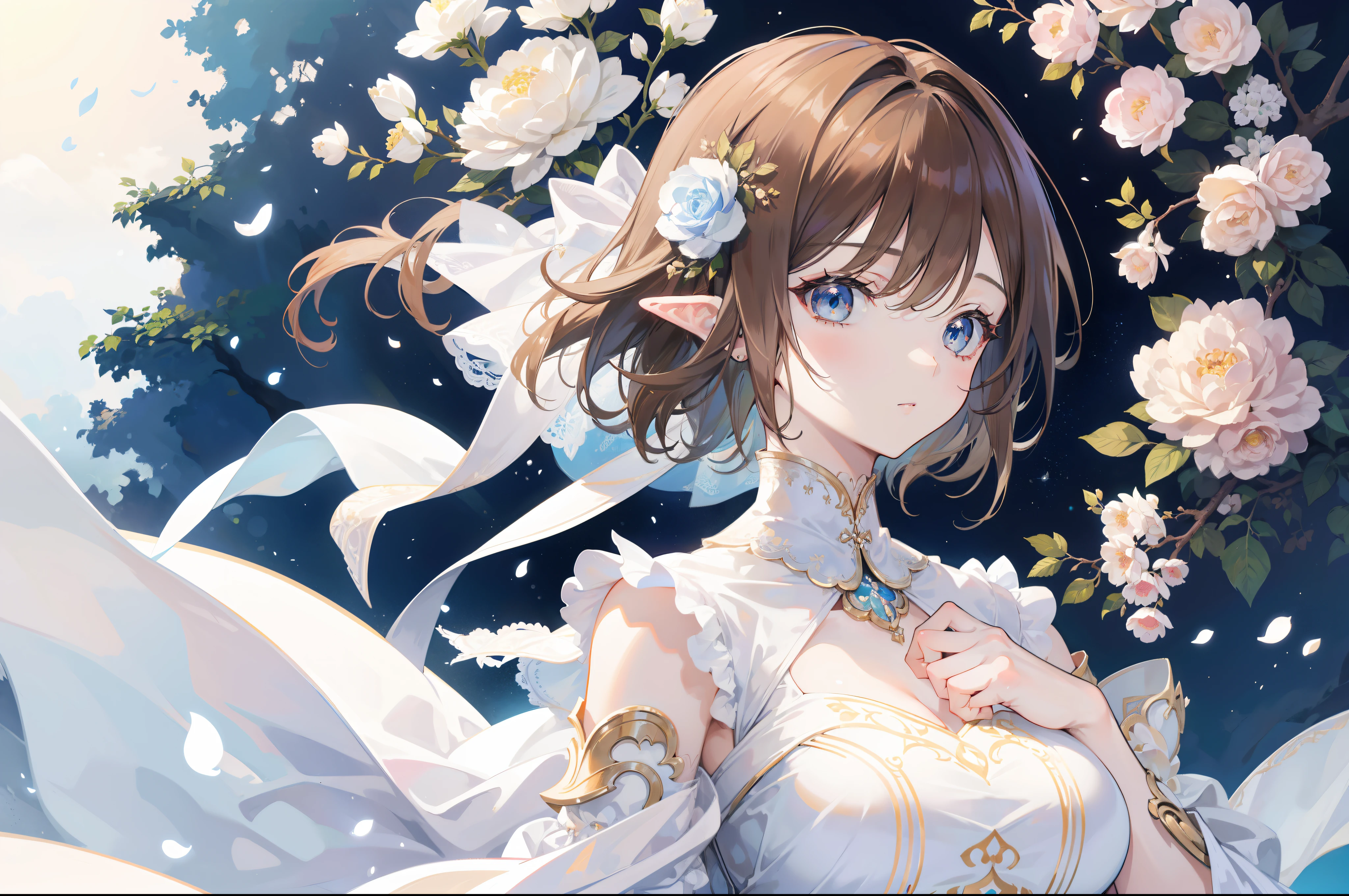 Official Art, Masterpiece European female, elvish, short hair, pale brown hair , brown eyes, (masterpiece、top-quality、hight resolution: 1.4),in 8K, Drawing of a woman with short pale brown hair, Anime Art Nouveau, highly detailed exquisite fanart, anime fantasy illustration, clean detailed anime art, detailed anime art, Sharp Focus, Delicate Beautiful Hair and Eyes and Face, realisitic, ultra-detailliert, flower garden, sunlight, white summer dress