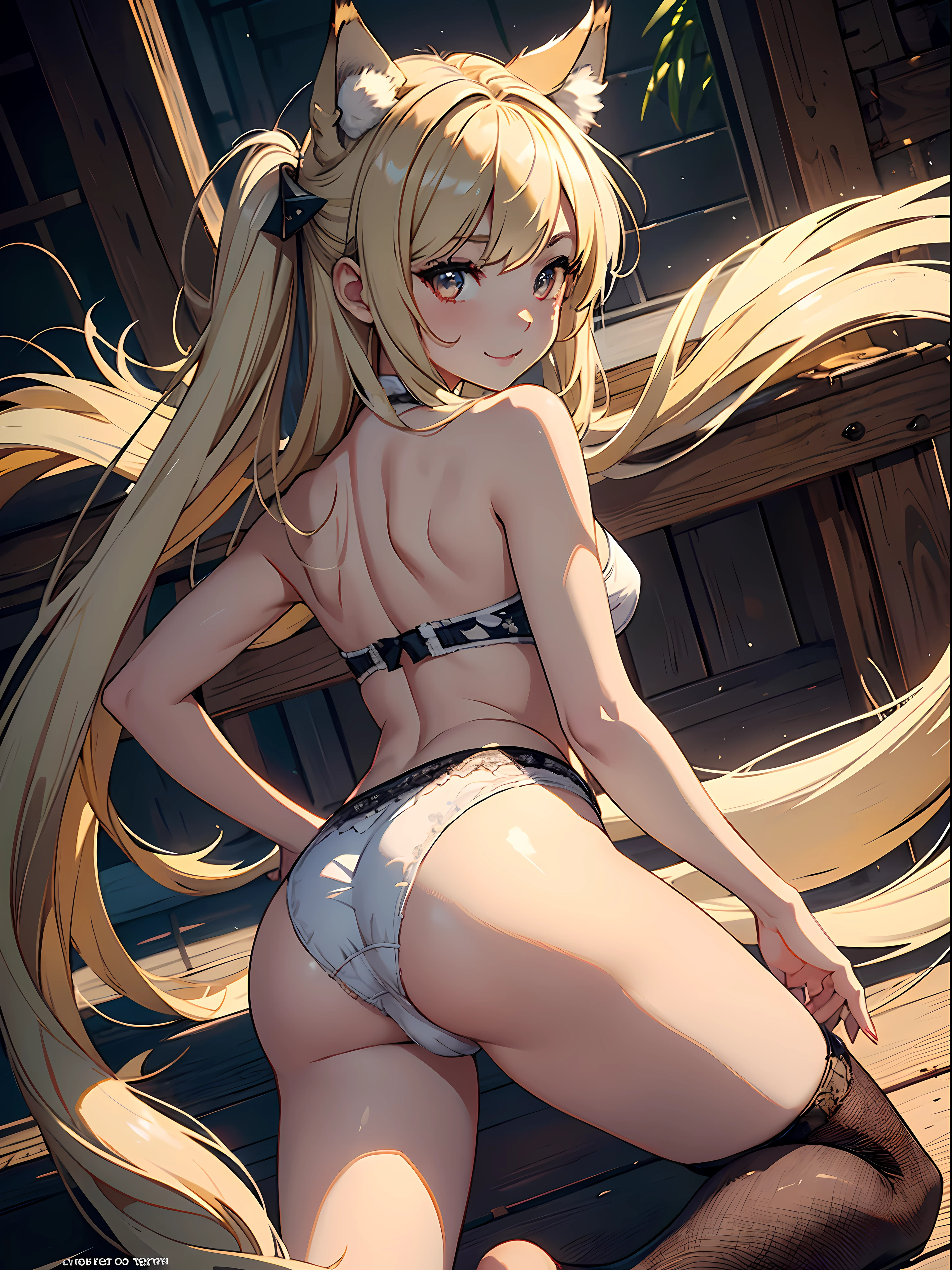​master piece,hyper quality, Hyper Detailed,Perfect drawing,girl with、1 persons、(((Wear only underwear)))、((Luxury underwear))、Wolf ears、Wolf's tail、Wolf palm、Wolf paws、Wolf fingers、sharp claws、Sharp fangs、Eyes aiming at prey、Brown and blonde mesh、Sharp eyes、facing back、On all fours、Pose with  sticking out、Look back with a smile、Focus on the buttocks、beatiful backgrounds、furry female, animal ear fluff、Perfect Beautiful Girl、Perfect Photo