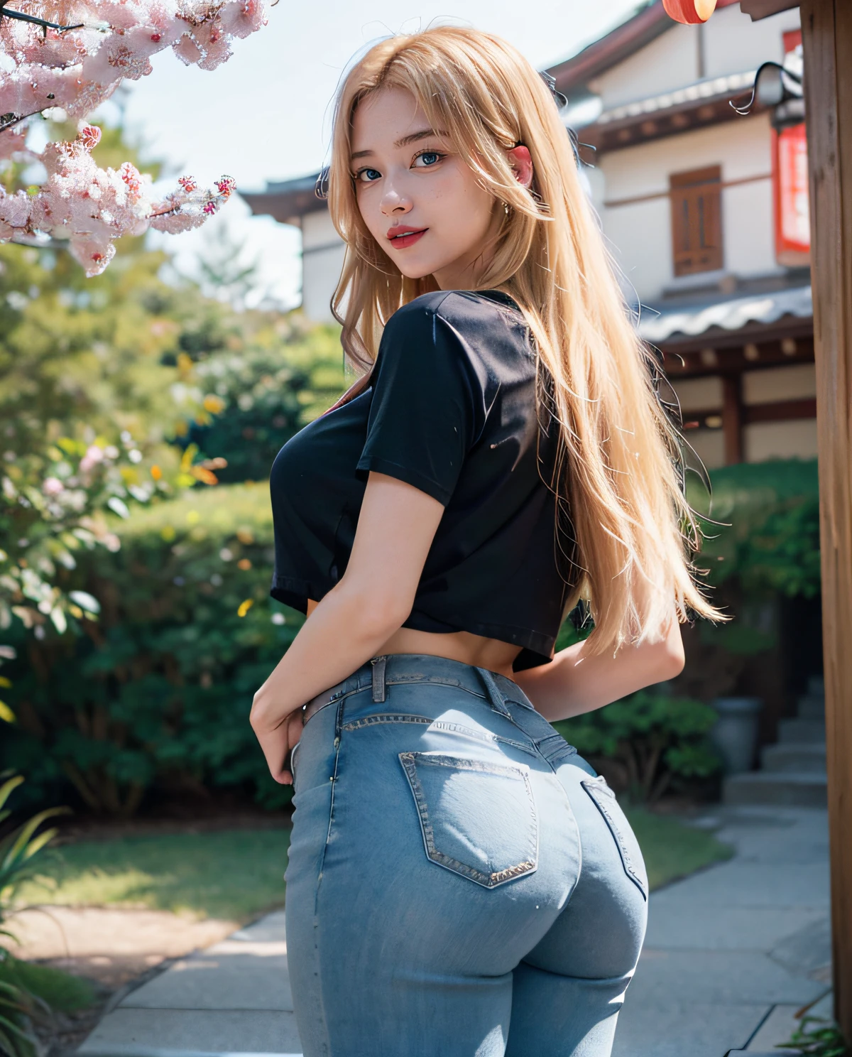 1girl, (Blue Eyes), smiling, (Sana Minatozaki), wide hips, Big Boobs, big ass, (Best Quality, 8k, Masterpiece: 1.3), Clear Focus: 1.2, Perfect Body Beauty: 1.4, Slender Abs: 1.2, Highly detailed face and skin texture, detailed eyes, double eyelids, red lips (long straight blonde hair), (t-shirt), (jeans lifting butt), (low view at ass), showing ass, in a square in japan, sakura background