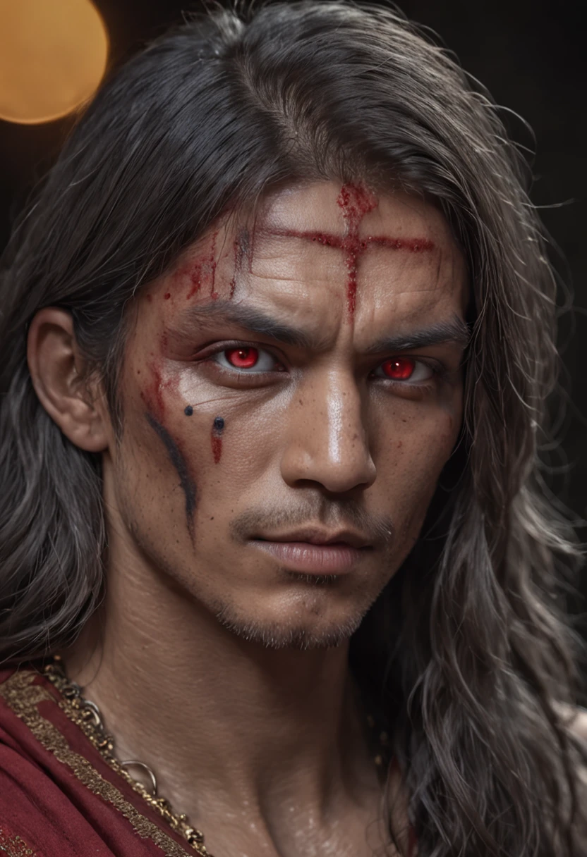 Long Lucious hair, golden as the gates of heaven, scars fill the face with deep cuts, eyes full of red grey blue fire, eyes show anger and peace piercing you, chin is thick and muscular, chest pokes out with pure muscle bulging everywhere, eyes face body tells story, majestic warrior full of spirit, background of a warrior