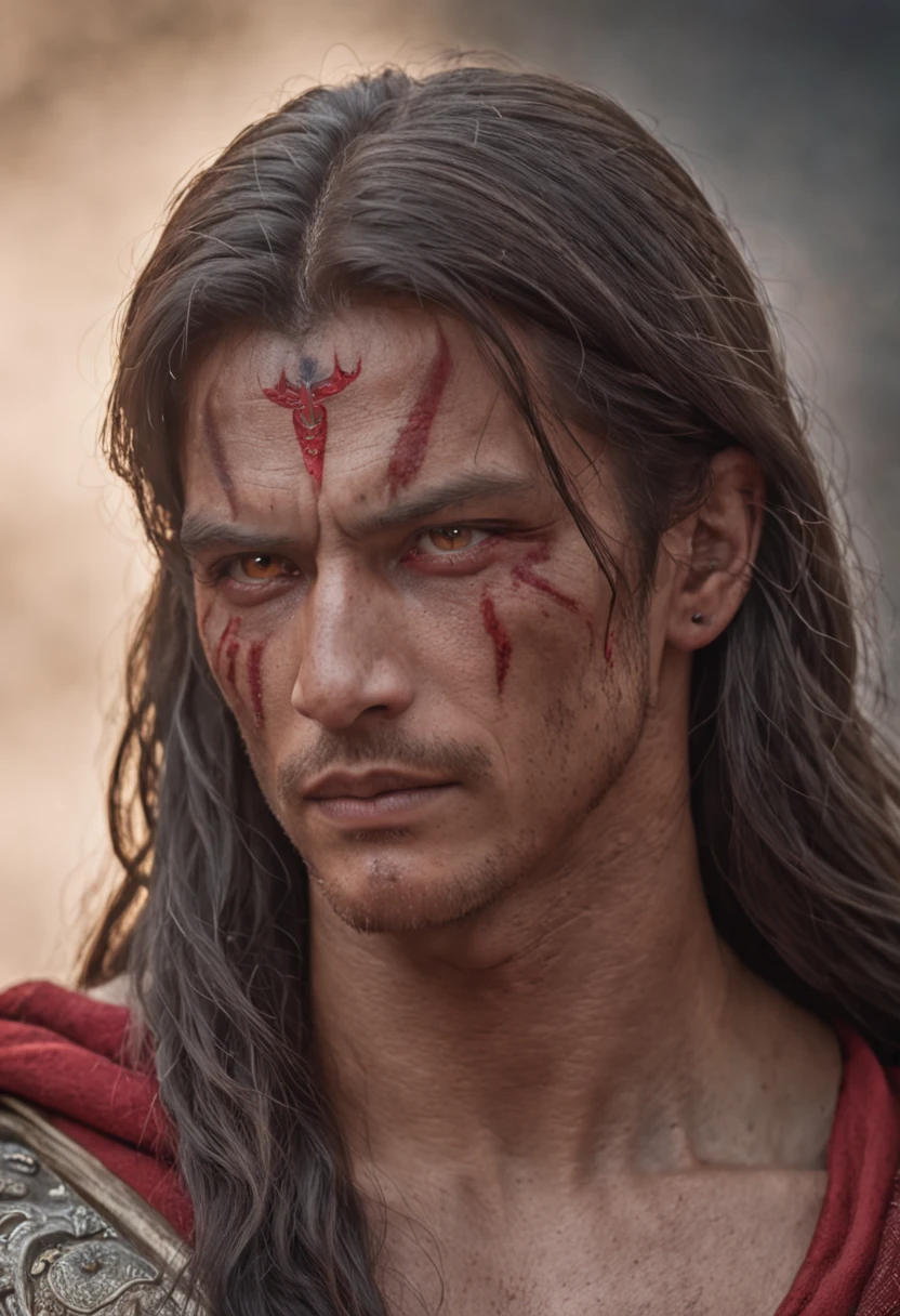 Long Lucious hair, golden as the gates of heaven, scars fill the face with deep cuts, eyes full of red grey blue fire, eyes show anger and peace piercing you, chin is thick and muscular, chest pokes out with pure muscle bulging everywhere, eyes face body tells story, majestic warrior full of spirit, background of a warrior