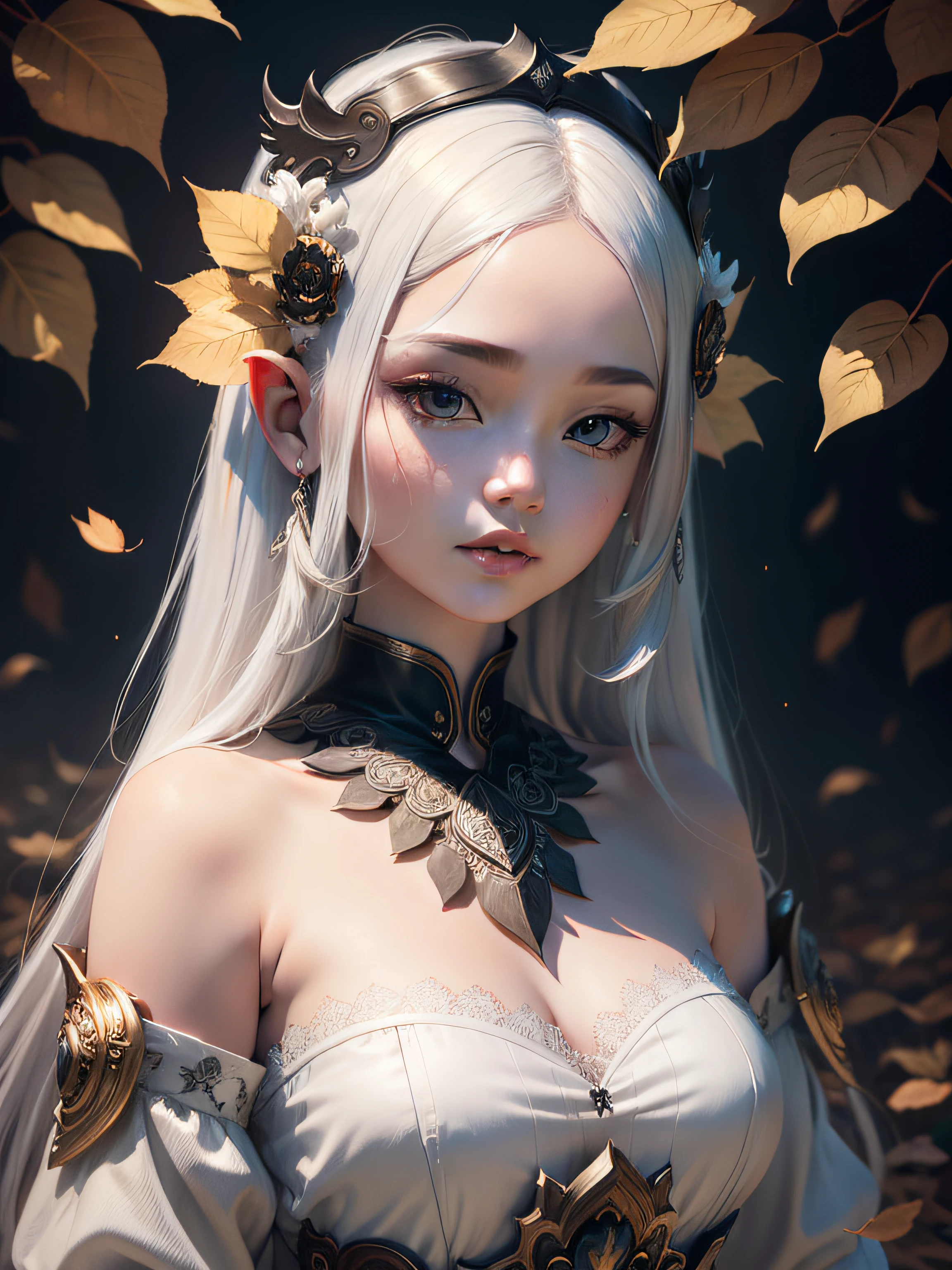 White face and white head,cute girl holding leaf,Autumn leaves, beautiful fantasy portrait, beautiful fantasy art portrait, Beautiful surreal portrait, fantasy portrait, fantasy art portrait, detailed matte fantasy portrait, portrait of a dark fantasy nymph, Asian goddess, Beautiful digital artwork, gorgeous digital art,Background dream black surreal beautiful young woman, Fantasy art Behance,Cinematic light and shadow,k hd