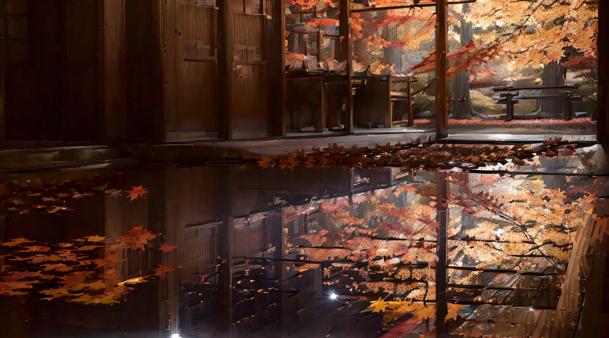 ((((night situation:1.5)))), An illustration of the scenery of the autumn leaves are depicted in a double layer due to the mirror reflection of Korin-in, Daitoku-ji Temple. at night, ultra-detailed, hyper-sharp, digital illustration, Place: Daitokuji Korin-in room Time: Autumn Subject: A specular reflection of autumn foliage The illustration depicts the specular reflection of autumn leaves on a table in the interior of Daitokuji Korin-in Temple. The table is in a room with a calm atmosphere like a tea room. The scenery of autumn leaves is clearly projected on the table. The scenery of autumn leaves is thought to have been seen from famous spots for autumn leaves such as the Sanmon Gate and Hojo in the precincts of Daitokuji Temple. The autumn leaves are dyed in various colors such as red, yellow, and orange, creating an atmosphere of autumn. (((In the illustration, the autumn leaves are depicted in a double layer due to the mirror reflection: 1.5))), which further emphasizes the beauty of the autumn leaves. In addition, the mirror reflection connects the interior and the landscape of the precincts, giving a sense of the depth of the space. Fittings such as shoji and fusuma in the room light from window Vividly expressing the colors of autumn leaves Emphasizing the beauty of autumn leaves by mirror reflection Expressing a space where the interior and the scenery of the precincts are connected