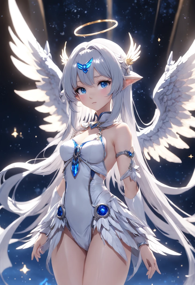 Lapsed young goddess of the moon with silver hair in a sparkling dark blue fantasy moon scaffold with wings and soft features, Dunkelblaue funkelnde Augen, white glowing angel wings, helle Lichter und Funken, Anime Goddess, Unreal-Engine-Rendering + a goddess, 3-D-Rendercharakter Kunst 8 K, render of a cute 3d anime girl, Artgerm, 3D-Unreal-Engine, Anime sehr detailliert, 8k hochwertige detaillierte Kunst, Goddess. Extrem hohe Detailgenauigkeit, photorealistic anime girl render, Goddess of Light, silbernes Diamantdiadem auf dem Kopf