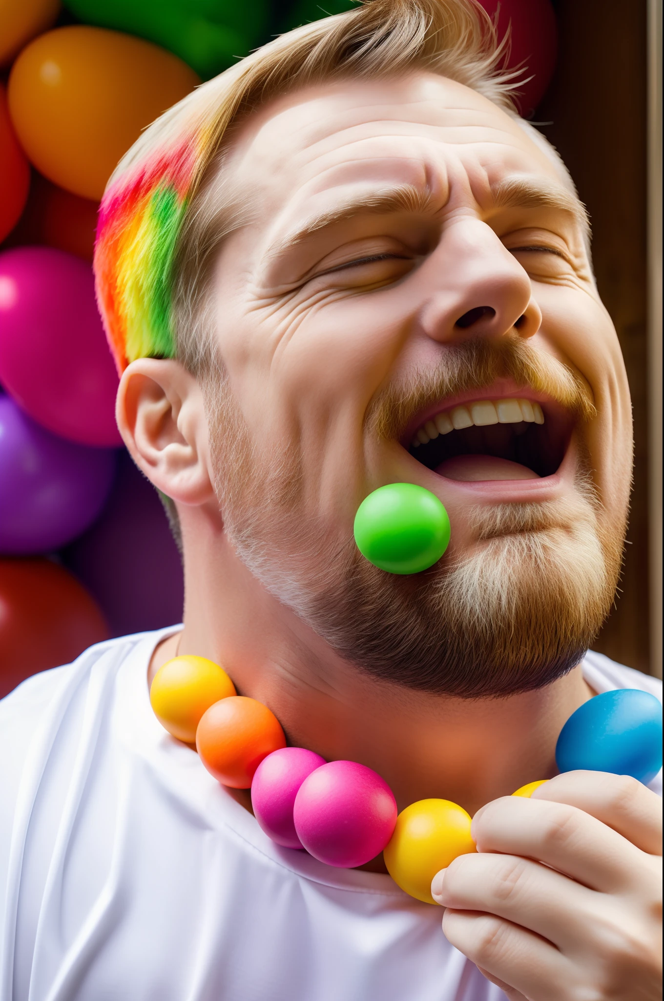 (a heavy set white man savoring a bag of colorful and flavorful Skittles, pure bliss, delightfully indulging in the taste sensation)