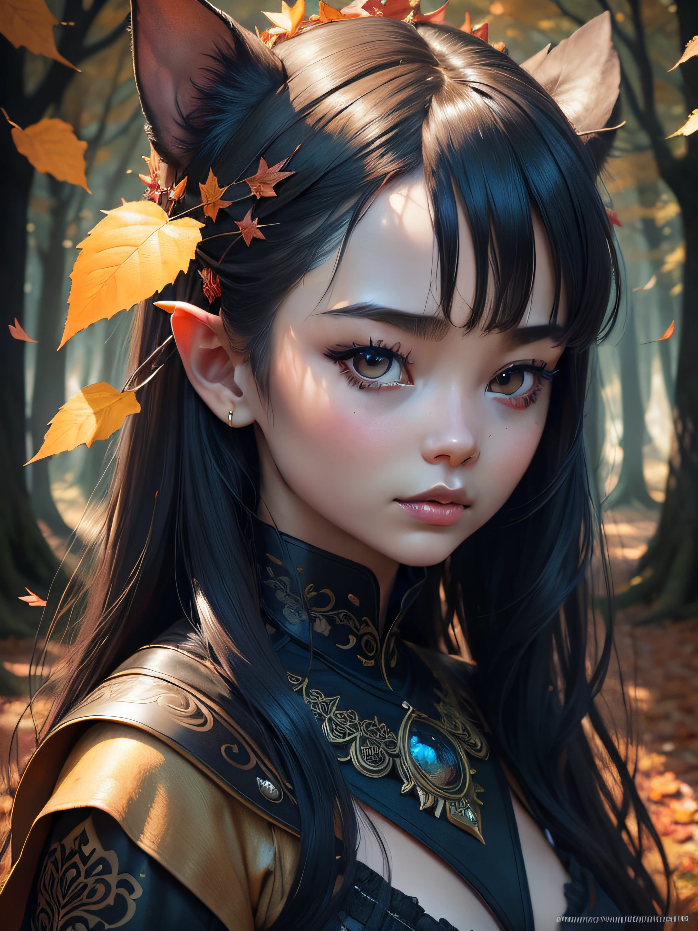 cute girl holding leaf，Autumn leaves， beautiful fantasy portrait, beautiful fantasy art portrait, Beautiful surreal portrait, fantasy portrait, fantasy art portrait, detailed matte fantasy portrait, portrait of a dark fantasy nymph, Asian goddess, Beautiful digital artwork, gorgeous digital art,Background dream black surreal beautiful young woman, Fantasy art Behance，Cinematic light and shadow，k hd