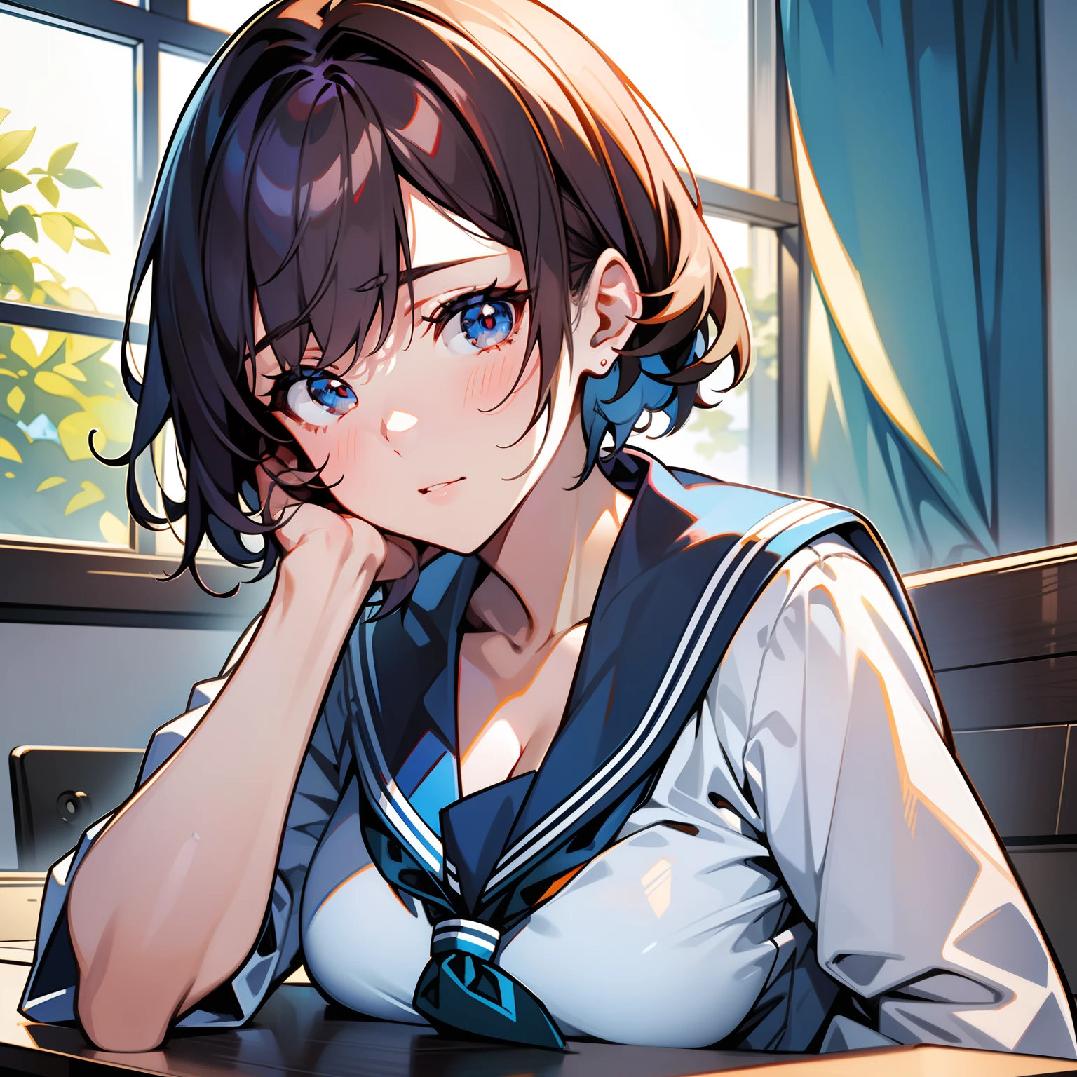 Blue-orange curls are curved inward，It belongs to short-haired，There is a strong sense of freshness and freshness,girl with,((serafuku)), hands on one's face, Elbows on the desk, Sit up, ‎Classroom, sunlights, window, see the beholder, Face in Love, I can see the cleavage:1.2, The finest beige underwear, Best Quality,Ultra-detailed, High resolution, extremely details CG, Unity 8k壁纸, Official art, production art, novel illustration, by famous artist, Caustics, textile shading, super detailed skin, Perfect Anatomy, Detailed, Cinematic lighting, Dynamic lighting, Beautiful detailed eyes, (top-quality), (ultra-detailliert), (masuter piece), (hight resolution), (Original), Character Design, Game CG, Detailed Manga Illustration, Realistic head-to-body size ratio:1.2