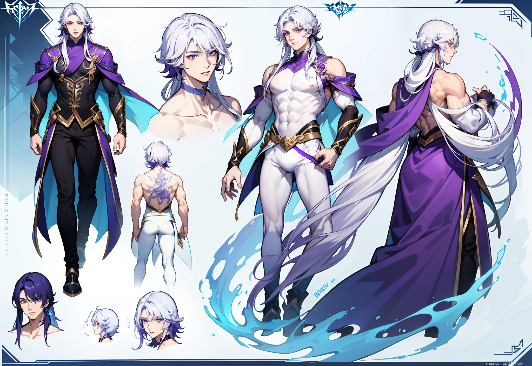 1boy, single, asian boy, reference sheet, character design, front angle, side angle, rear angle, dynamic poses, (masterpiece:1.2), (best quality:1.3), ice fantasy outfit, muscle body, athletic body. (Purple eyes), (long hair), (long bangs), (white hair), (pale skin), lean (reference sheet:1.5)