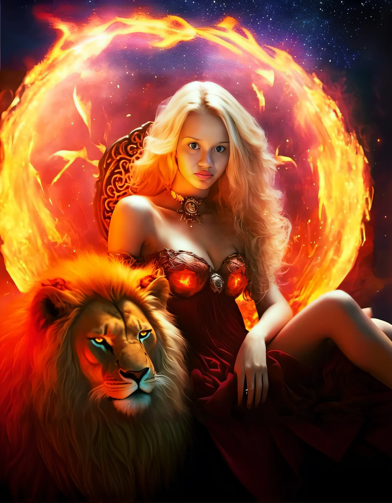 a woman sitting in a chair with a lion in front of her, gorgeous goddess of leo, Fire Lion, Deusa do fogo, mulher da fantasia, aparece como a deusa do fogo, deusa do fogo quente, deusa do fogo, chamas a cercam, karol bak uhd, arte de fantasia, arte de fantasia muito bonita, bela arte de fantasia, lion warrior, amazing fantasy art, aries fiery ram tarot
