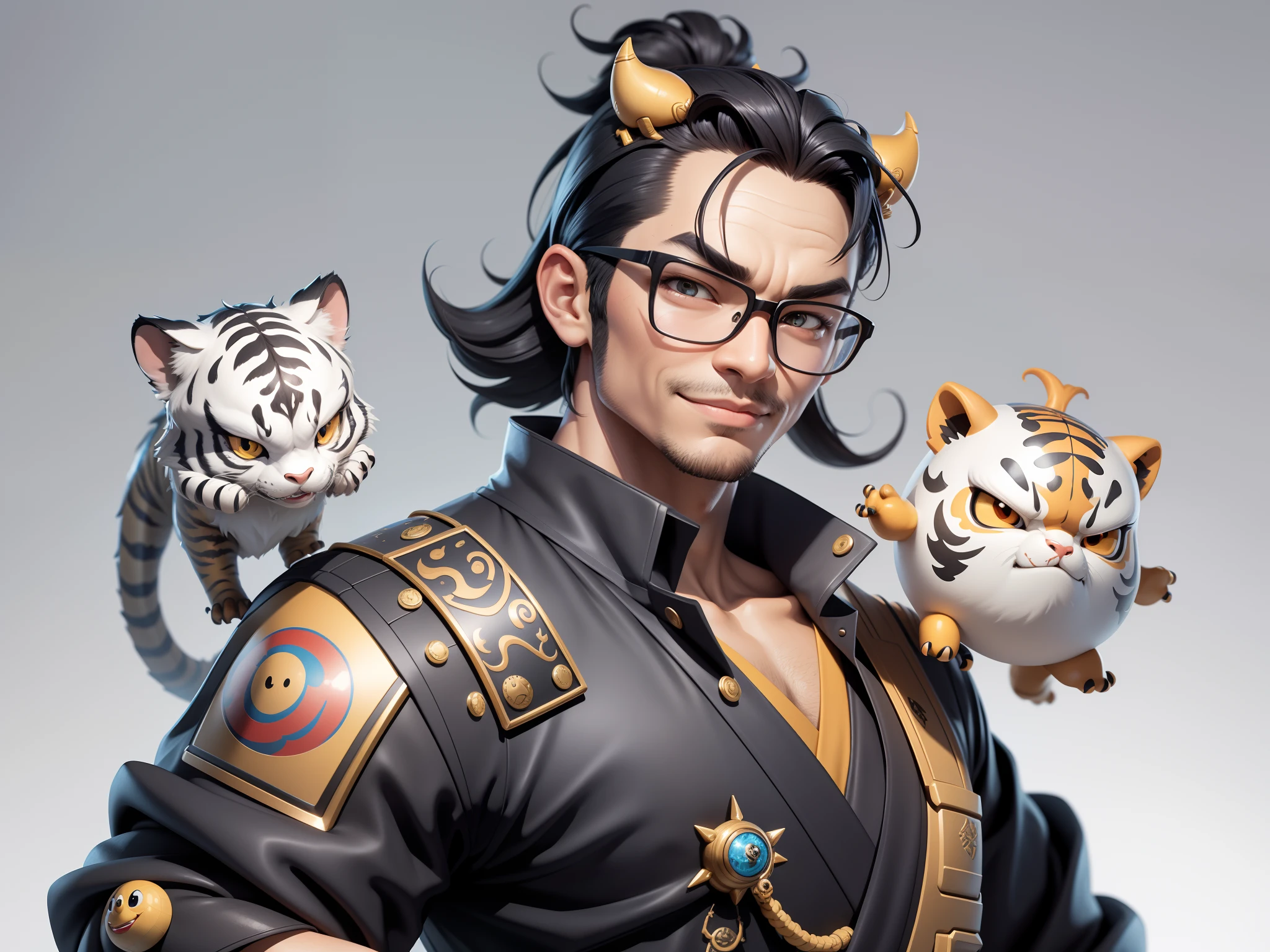 (Masterpiece), (Excellent), (Super Meticulous), (Full Body: 1.2), Super Young Man with Japanese Female Geisha, Pretty, Beautiful, Chinese Dragon, Tiger, Wind God Thor, Sexy, Bursting, Oriental Face, TV Anchor, Bust Portrait Illustration, Black Suit, Blue Tie, Slightly Chubby Face, Silver Glasses, Very Clean Face, No Beard on Chin, Black Super Short Hair, Black Eyes, Confident Smile, 3c Computer Sub-Products, iPad, iPhone, Digital Painting, 3D character design by Mark Clairedon and Pixar and Hayao Miyazaki and Akira Toriyama, the illustrations are HD illustrations in 4K resolution with highly detailed facial features and cartoon-style visuals.