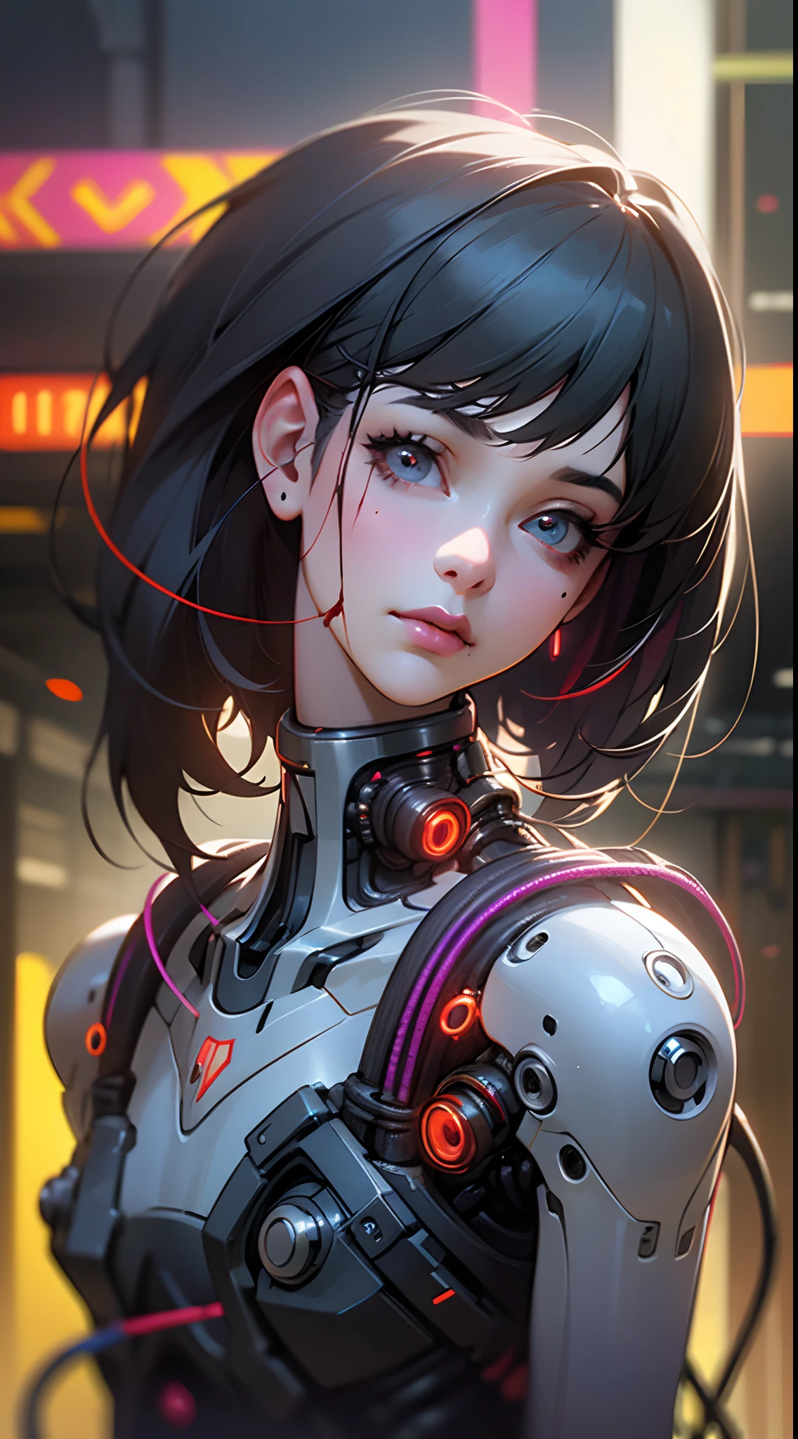 Top Quality, Masterpiece, Ultra High Resolution, ((Photorealistic: 1.4), Raw Photo, 1 cyberpunk Girl, Black Hair, Glossy Skin, 1 Mechanical Girl, (Ultra Realistic Details)), cinematic lighting, deep shadows, Octane Rendering, 8K, Ultra Sharp, Metal, Intricate Ornament Details, Egyptian Details, Very intricate details, realistic light, CGSoation trend, facing the camera, neon details, mechanical limbs, blood vessels connected to the tube, mechanical vertebrae attached to the back, mechanical cervical attachment to the neck, wires and cables connecting to the head, evangelion, small glowing LED lamps, (dazzling Cyberpunk city streets in background).