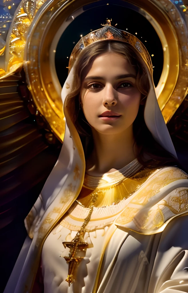 (((Saint Virgin Mary. 19 years olinetic style))) ((( Con una cara seria y piadosa. Con una mirada dulce y tierna))) (obra maestra, calidad superior, mejor calidad, arte oficial, beautiful and aesthetic: 1.2), (1girl), extremadamente detallado, (Arte fractal: 1.3), colorido, highest detailed, Cara perfecta, parte superior del cuerpo, HDR, (orando: 1.3), (golden lines of white coat: 1.2), galaxia, (rayas de luz), eye-catching visuals, (dynamic stripes, senderos luminosos: 1.2), colores vibrantes,