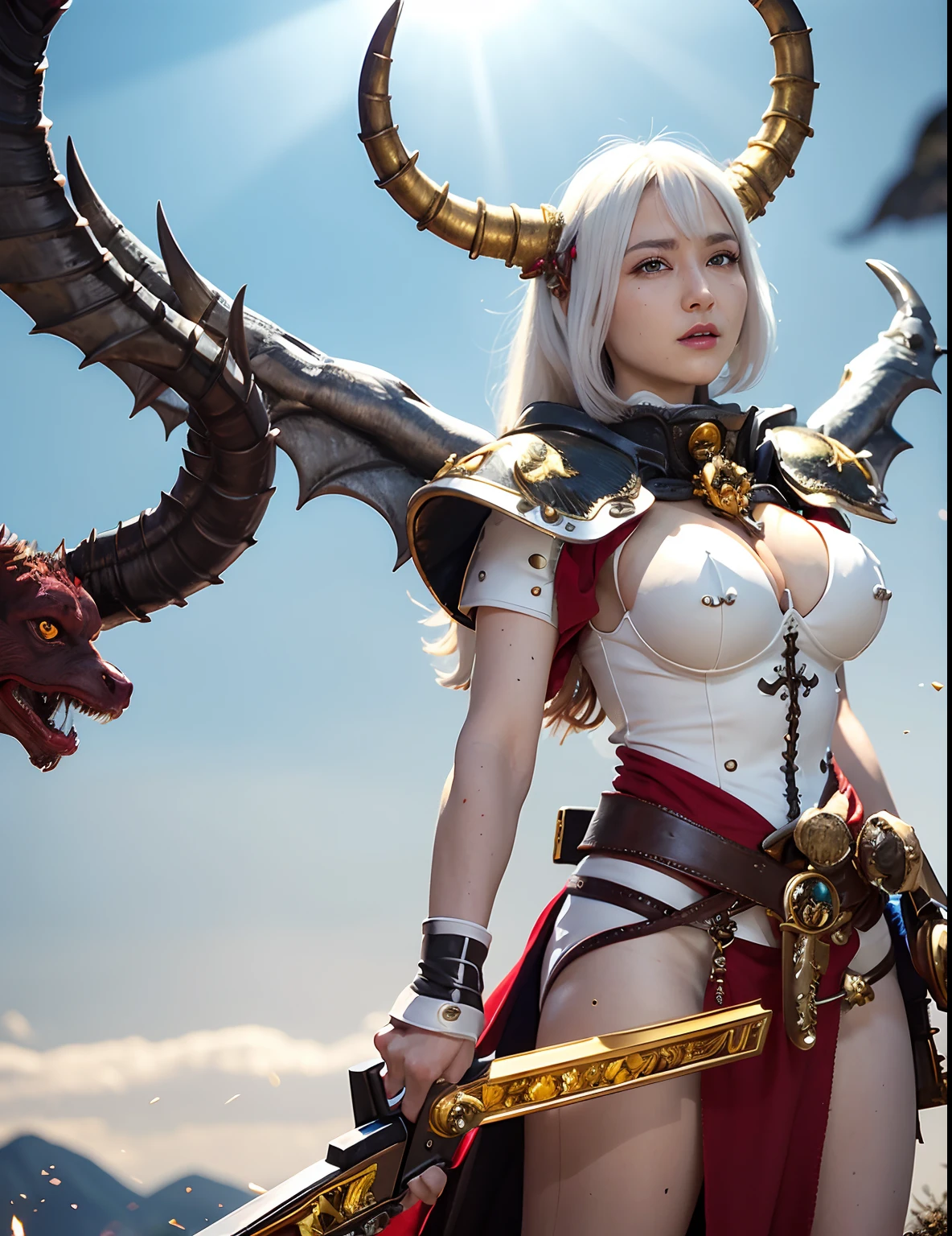 Professional , masterpiece、top-quality、photos realistic , depth of fields 、(White Gemstone Body:1.9),(Matte White、(cleavage of the breast)、Jewel Gold Weapon、Particles of light、Gemstone Body White:1.4),Gorgeous gold weapons ,(( Dragon dense and gorgeous dragon sword)) , (demonic wings) ,warhammer 40k 、((White hair))、(Castle background)、(demonic wings)、((Gangle's forest background))、Beautiful Caucasian beauty、1a person、dynamic ungle,(((Two devil's horns on the head)))、Smaller head、Idle Smile、Thin and beautiful female hands、cleavage of the breast、Mystical expression、Light Effects、intense fighting、Wind-effect、magic circles、With the legendary magic wand、Dragon's tail、White tattoos all over the body、