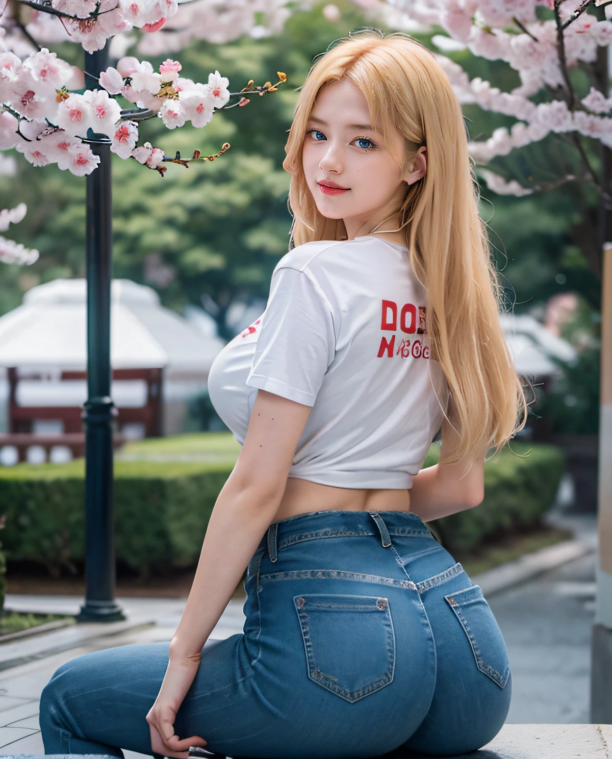 1girl, (Blue Eyes), smiling, (Sana Minatozaki), wide hips, Big Boobs, big ass, (Best Quality, 8k, Masterpiece: 1.3), Clear Focus: 1.2, Perfect Body Beauty: 1.4, Slender Abs: 1.2, Highly detailed face and skin texture, detailed eyes, double eyelids, red lips (long straight blonde hair), (t-shirt), (jeans lifting butt), (low view at ass), in a square in japan, sakura background