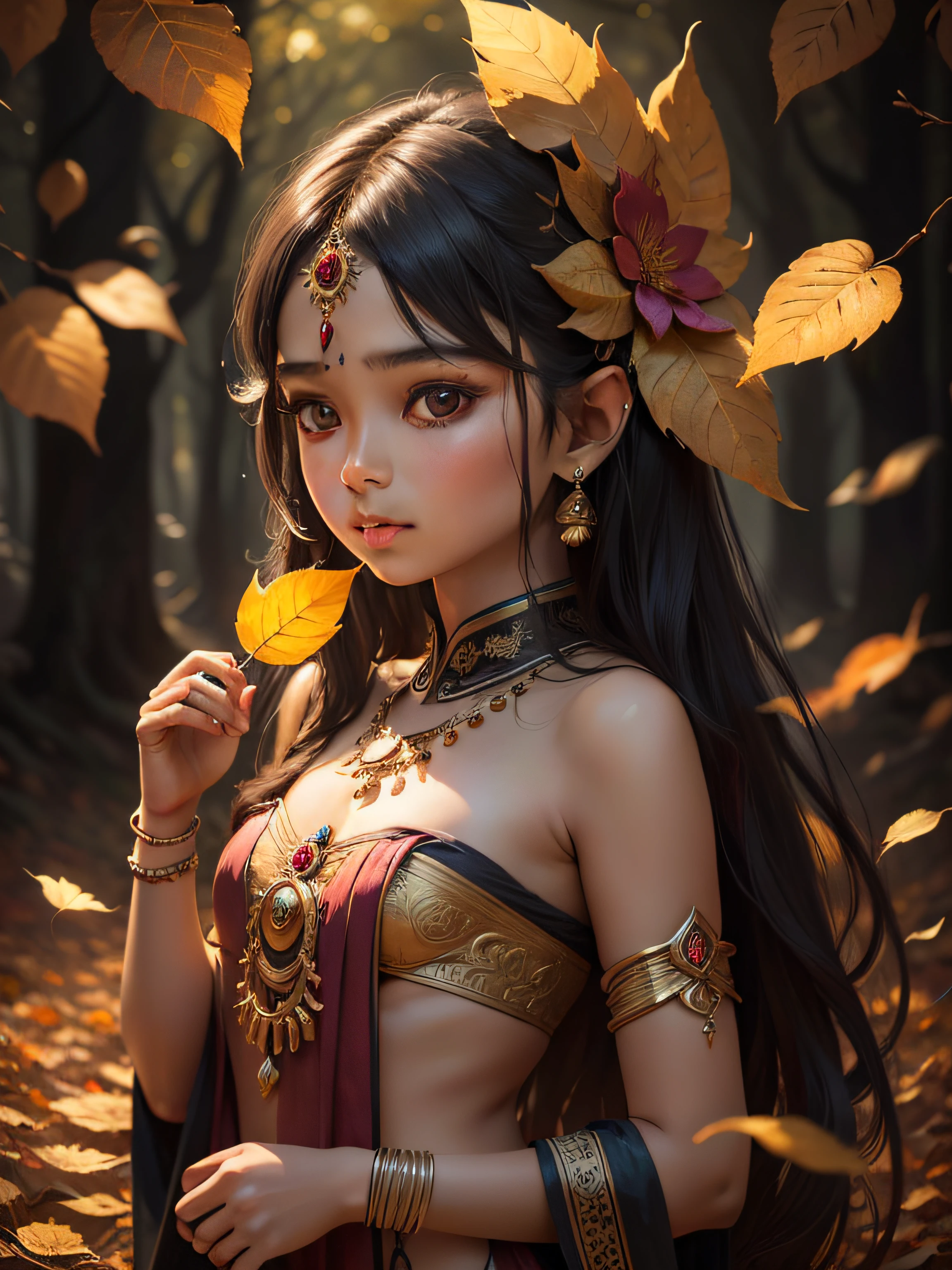 A cute indian girl holding a leaf in the hand,Autumn leaves, beautiful fantasy portrait, beautiful fantasy art portrait, Beautiful surreal portrait, fantasy portrait, fantasy art portrait, detailed matte fantasy portrait, portrait of a dark fantasy nymph, Asian goddess, Beautiful digital artwork, gorgeous digital art,Background dream black surreal beautiful young woman, Fantasy art Behance,Cinematic light and shadow,k hd