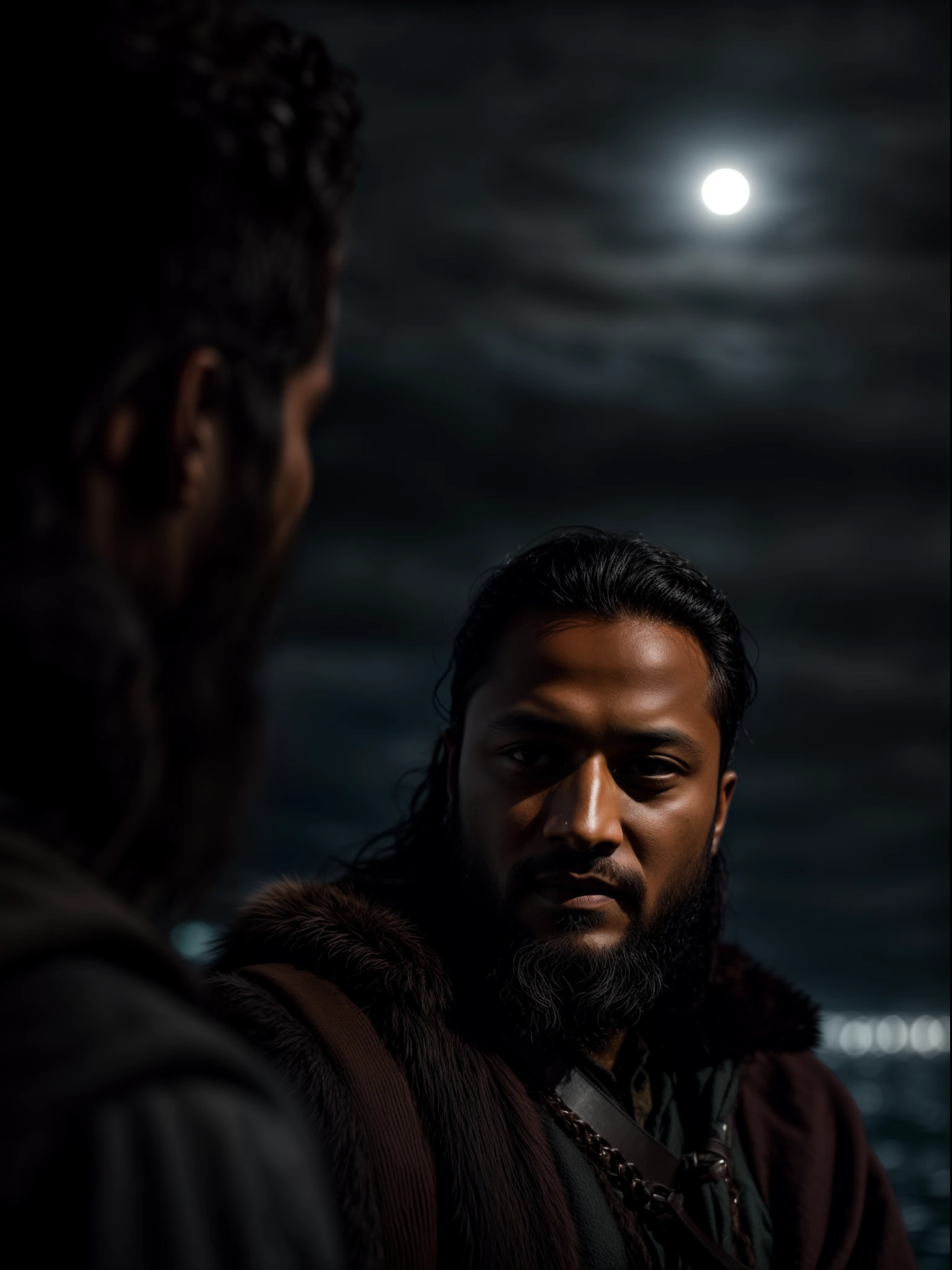 Realistic 8k image of Shakib Al Hasan as Ragnar Lothbrok (with black hair) onboard a viking longship, ((low angle hero shot)), (Upper body closeup), show Shakib Al Hasan as Ragnar navigating treacherous waters, Shakib Al Hasan as Ragnar is navigating his crew, show Shakib Al Hasan commanding the ship crew, this scene will be dark and scary, highlighting Shakib Al Hasan sailing on treacherous waters, dark tones with moonlit seas, dark and intimidating atmosphere like Viking series colour tone, ((sharp focus on portrait)), (balanced composition), high quality and realistic image, cinematic style, ((Best quality, 8k, Masterpiece), rough face, detailed skin, masterpiece, professional photography, (high detail:1 1), natural skin, (detailed face and eyes), (face: 1 2), noise, real photo, film photography, high resolution, 8k, realistic, 8k UHD, SLR camera, high quality, film grain, (Fujifilm X-T20, Fujifilm Fujinon XF 50mm f/2 R WR lens, Lens focal Length 50mm, Shutter speed 1/300 sec, APERTURE: 2, ISO: 80), volumetric lighting, dark background, dark fantasy, highly detailed, sharp focus, shallow depth of field, bokeh, blurry background, high contrast, contrast lighting, (dim colours), exposure blend, (dusty:1.3)