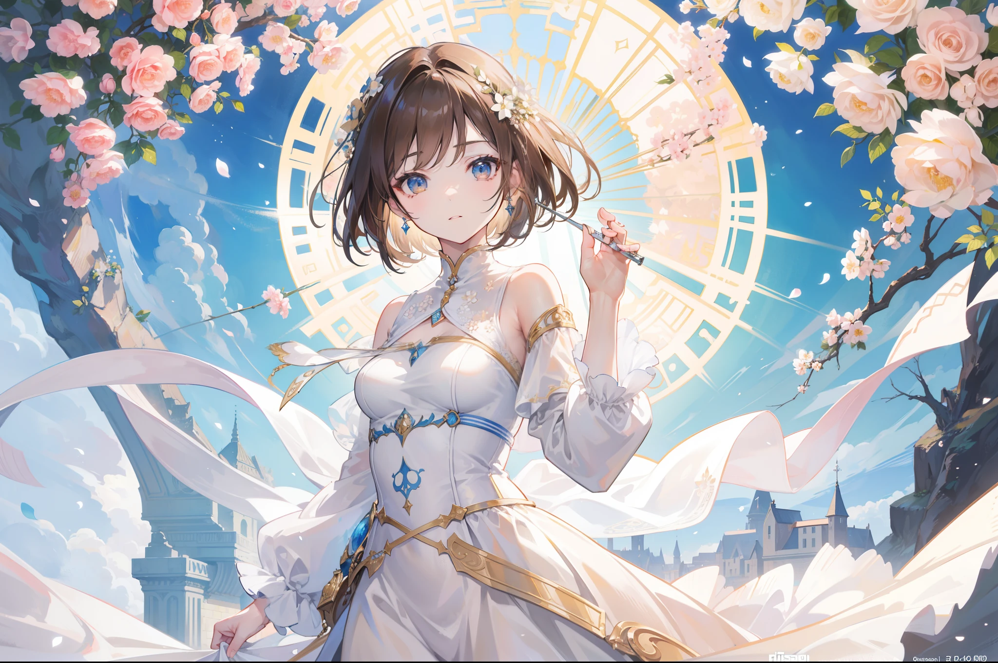 Official Art, Masterpiece European female, elvish, short hair, pale brown hair , brown eyes, (masterpiece、top-quality、hight resolution: 1.4),in 8K, Drawing of a woman with short pale brown hair, Anime Art Nouveau, highly detailed exquisite fanart, anime fantasy illustration, clean detailed anime art, detailed anime art, Sharp Focus, Delicate Beautiful Hair and Eyes and Face, realisitic, ultra-detailliert, flower garden, sunlight, white summer dress