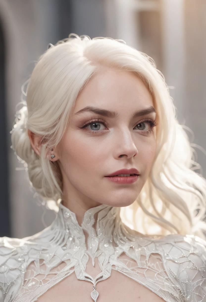 Gwendolyn Stacy enters the spider world, Aim for a《Step into Spider-Man》Film style, Stood up, Looking at the camera, Pitch black background, Oleed wallpapers, White suit, Smiling